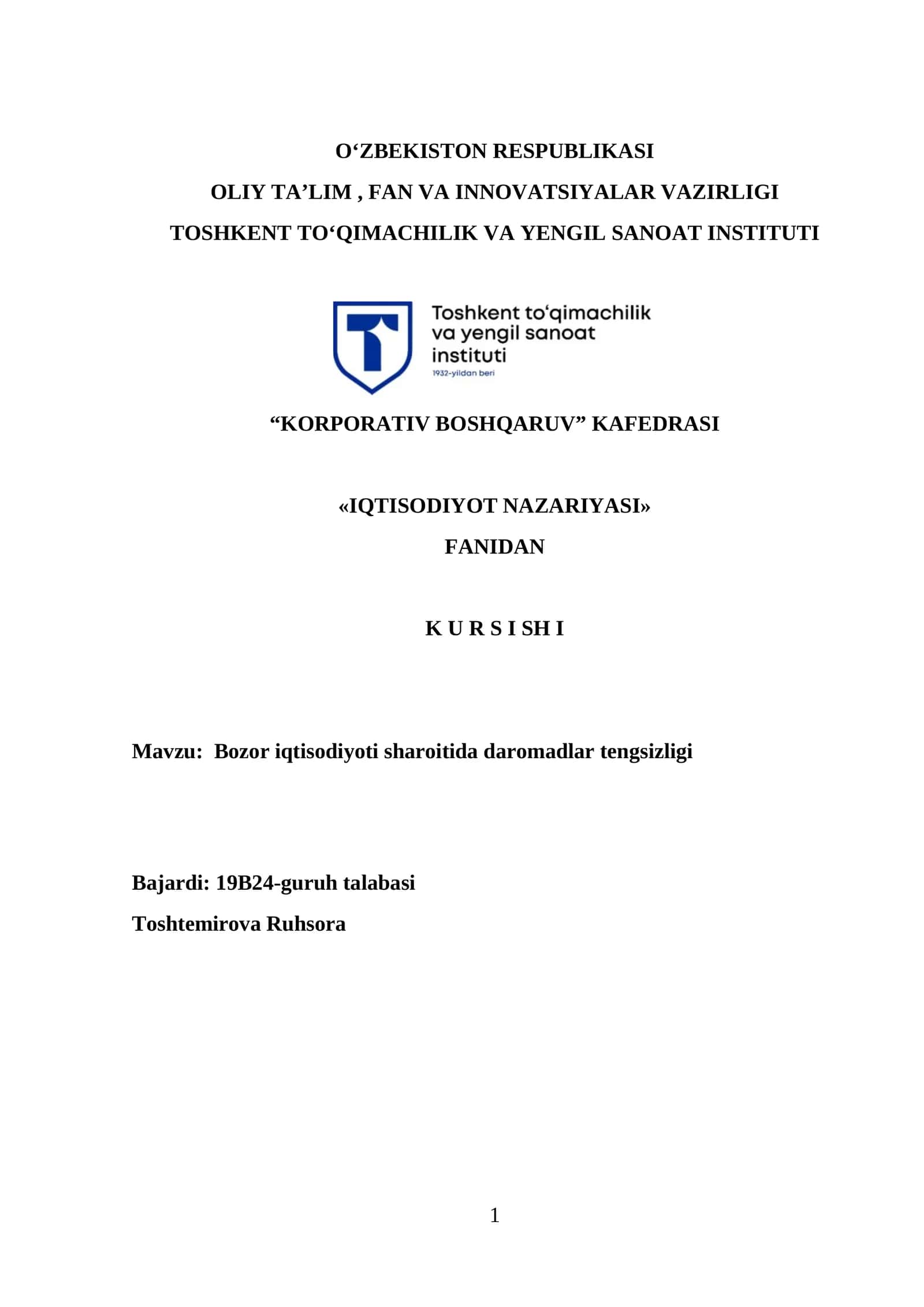 Bozor iqtisodiyoti sharoitida daromadlar tengsizligi 1