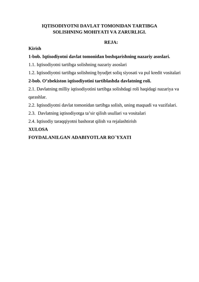 IQTISODIYOTNI DAVLAT TOMONIDAN TARTIBGA SOLISHNING MOHIYATI VA ZARURLIGI 1