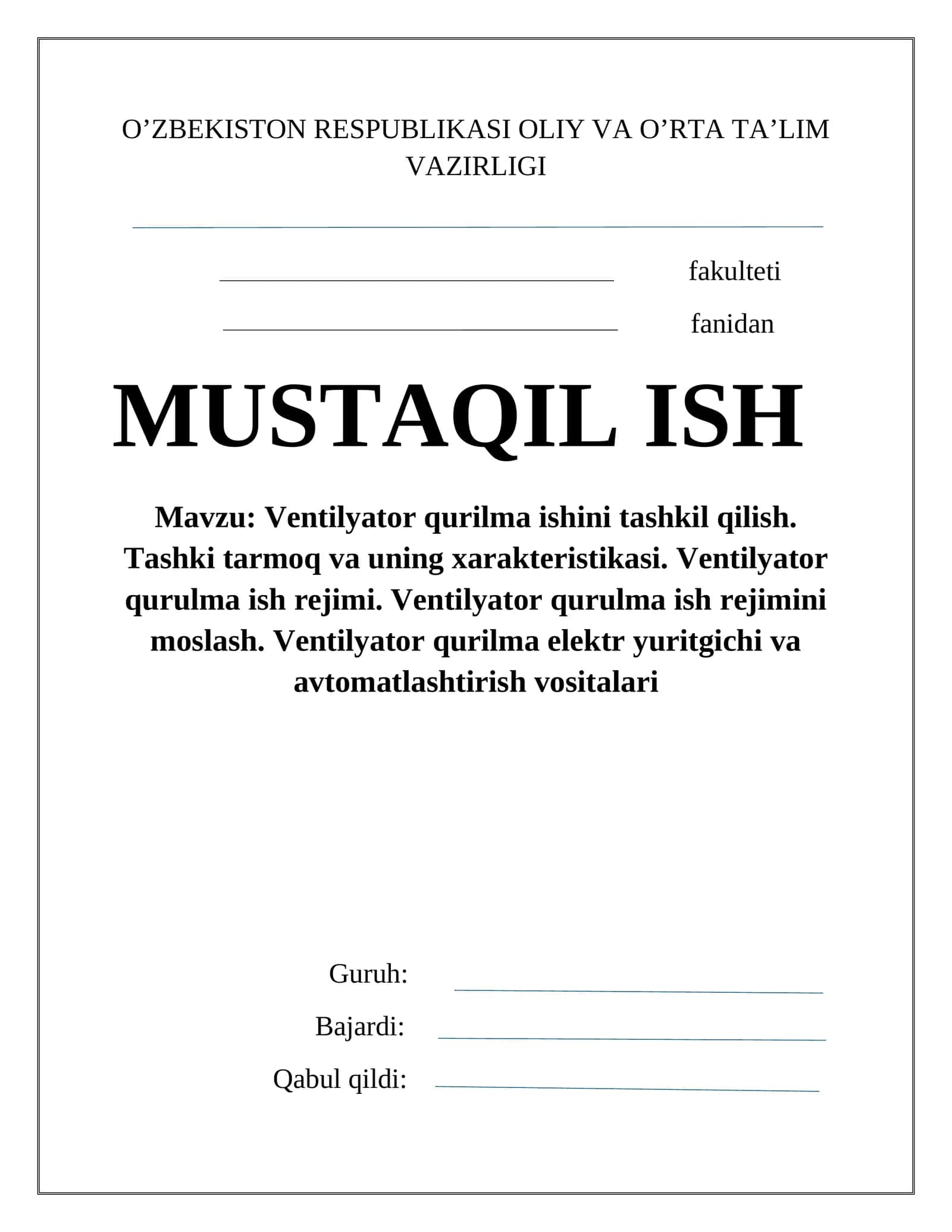 Ventilyator qurilma ishini tashkil qilish 1