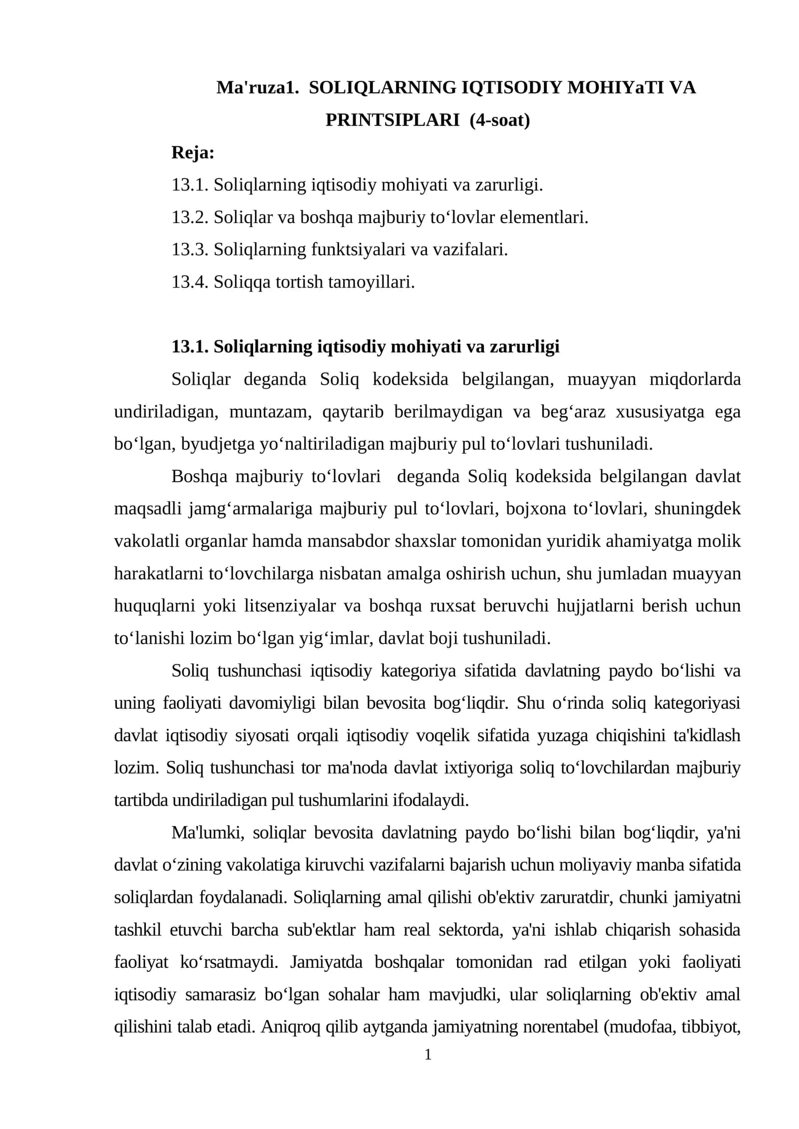 SOLIQLARNING IQTISODIY MOHIYATI VA PRINTSIPLARI (4-soat) 1