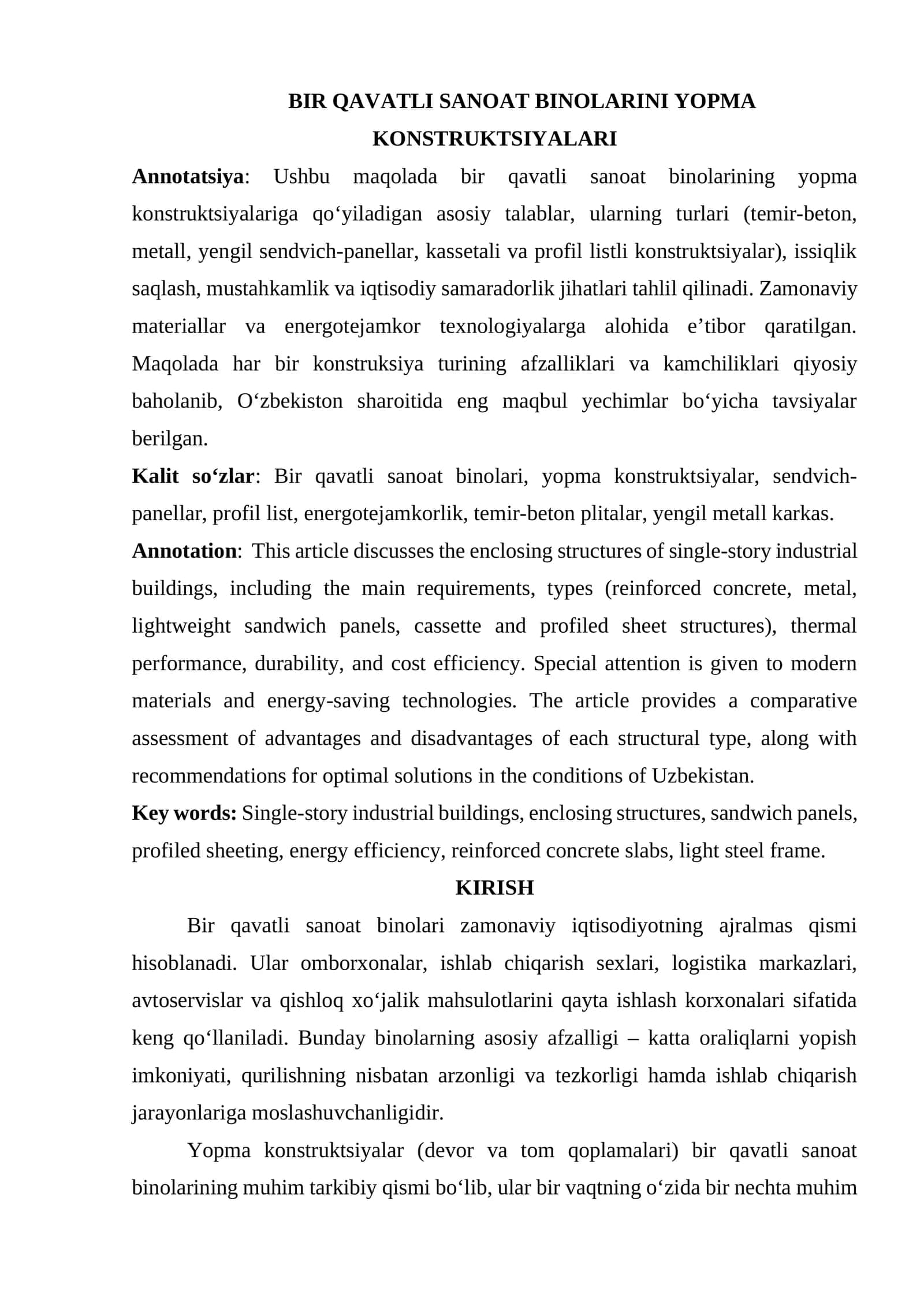BIR QAVATLI SANOAT BINOLARINI YOPMA KONSTRUKTSIYALARI 1