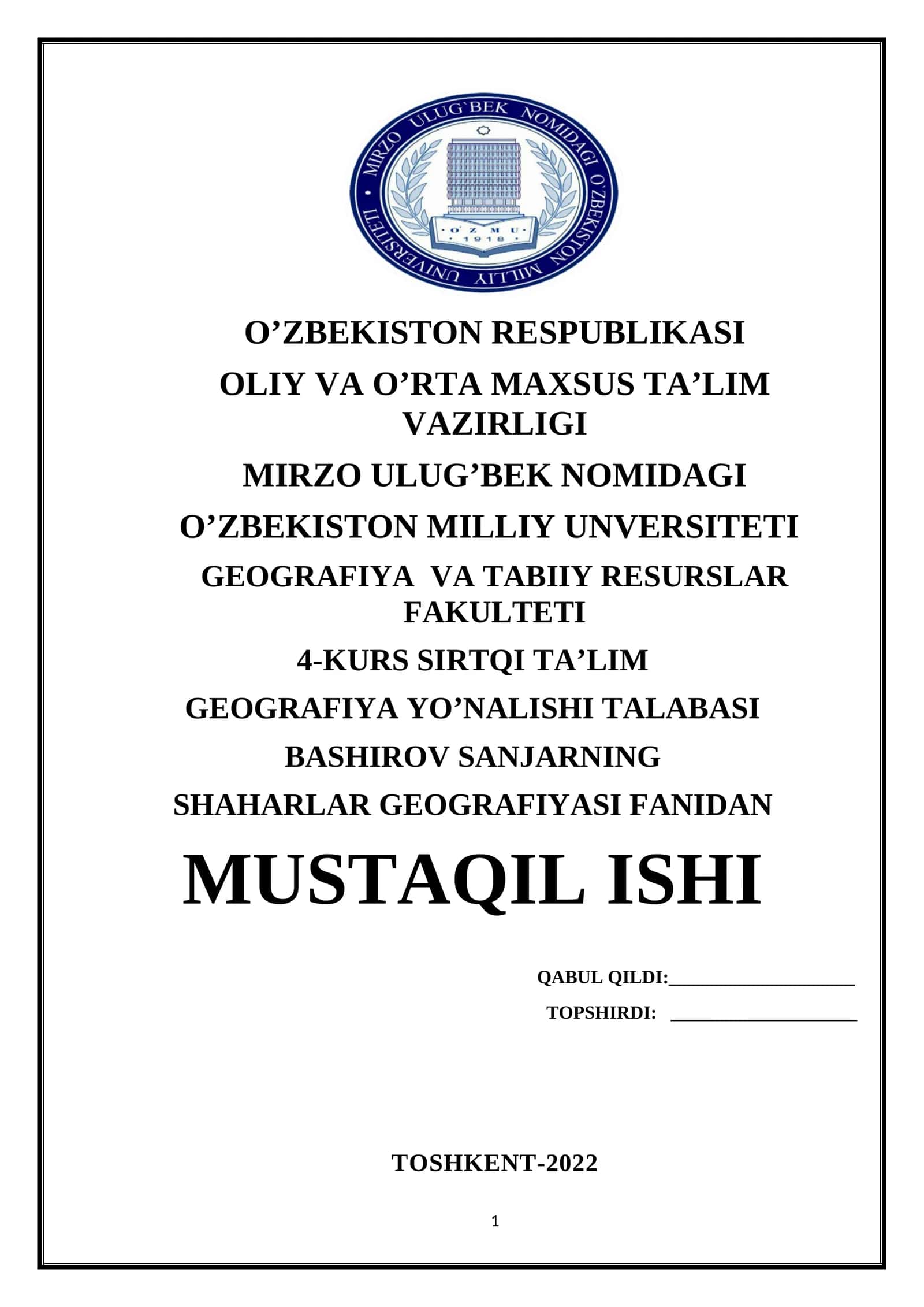 SHAHARLAR GEOGRAFIYASI FANIDAN 1
