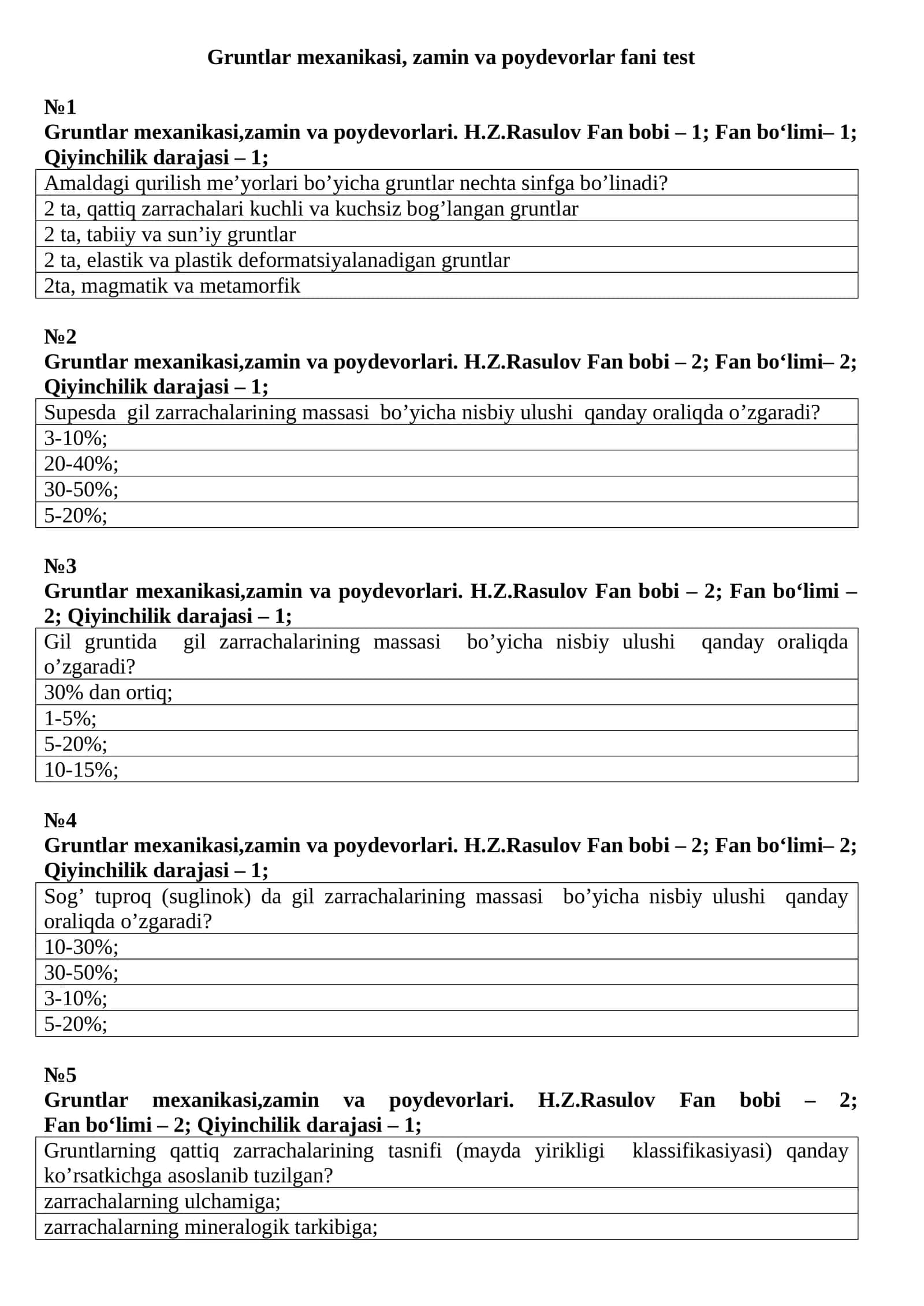 Gruntlar mexanikasi, zamin va poydevorlar fani test 1