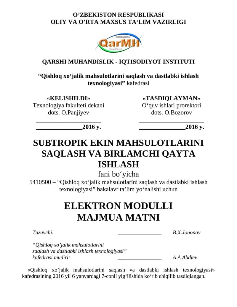 Qishloq xo‘jalik mahsulotlarini saqlash va dastlabki ishlash texnologiyasi 1