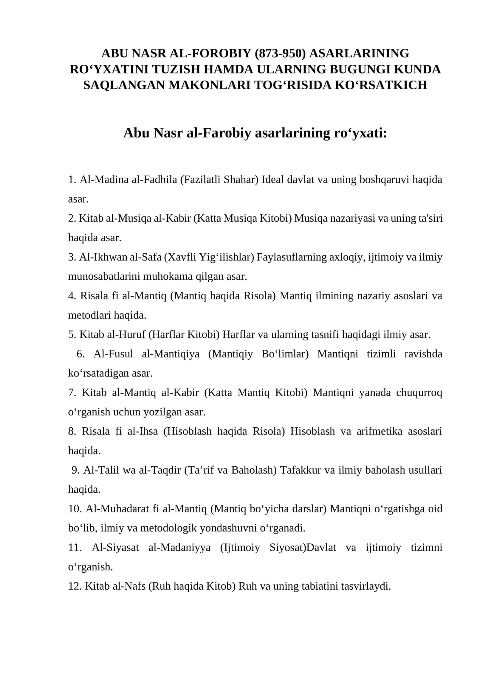 Abu Nasr al-Farobiy asarlarining ro‘yxati 1