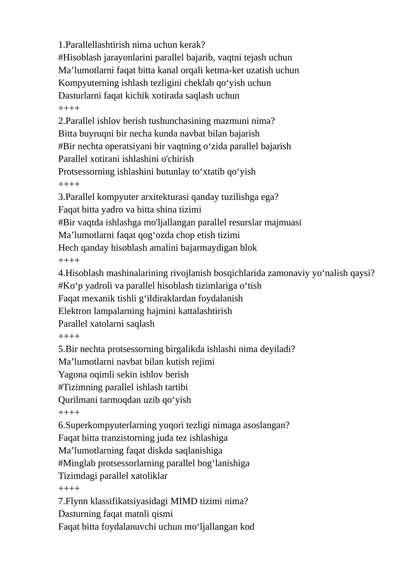 Parallel kompyuter arxitekturasi fanidan testlar to'plami javoblari bilan 1