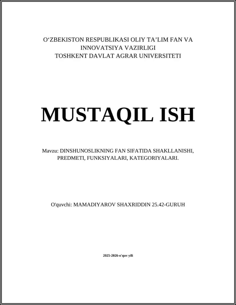 DINSHUNOSLIKNING FAN SIFATIDA SHAKLLANISHI, PREDMETI, FUNKSIYALARI, KATEGORIYALARI 1