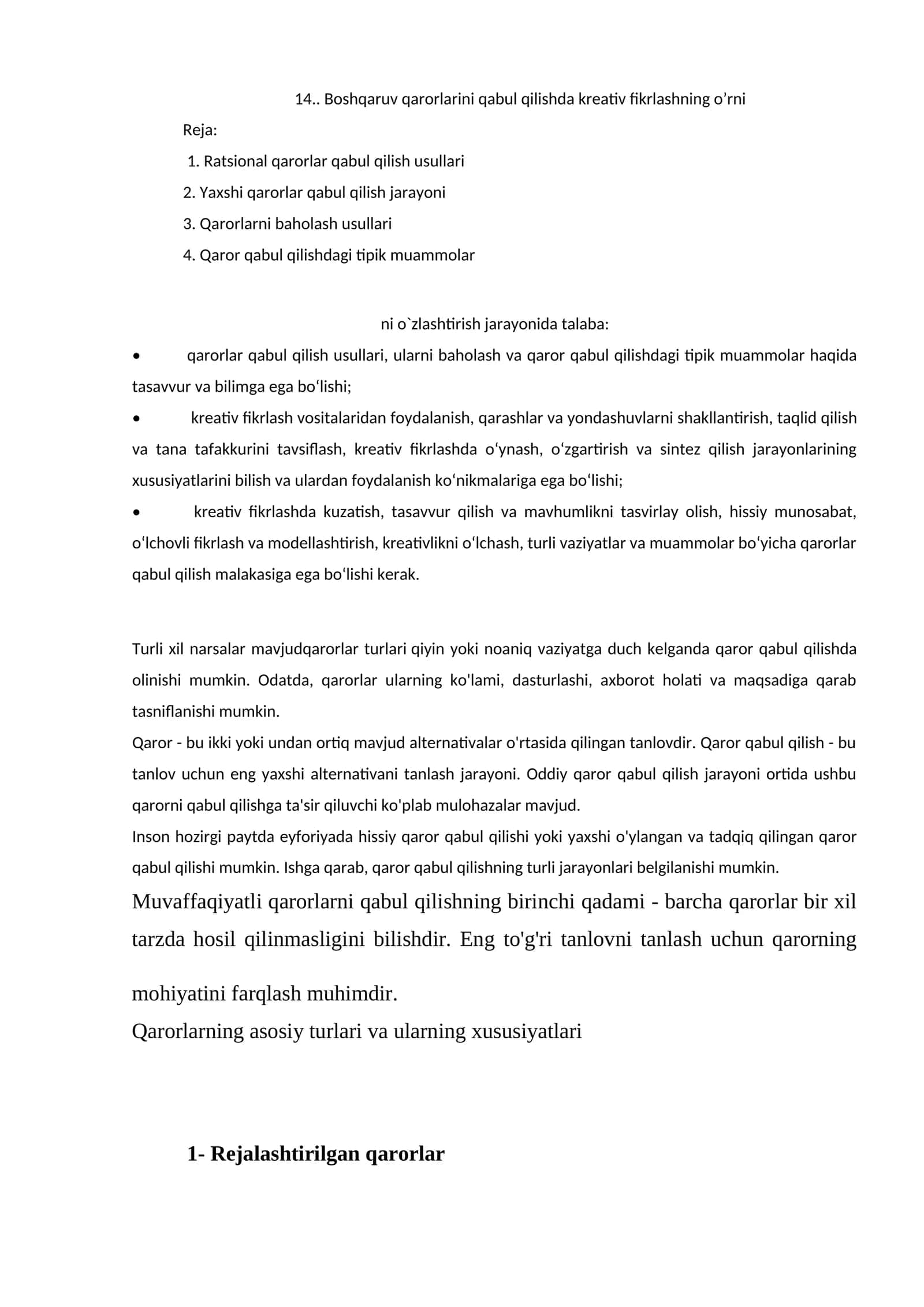 Kreativ fikrlashning o'rni qarorlarni qabul qilishda 1