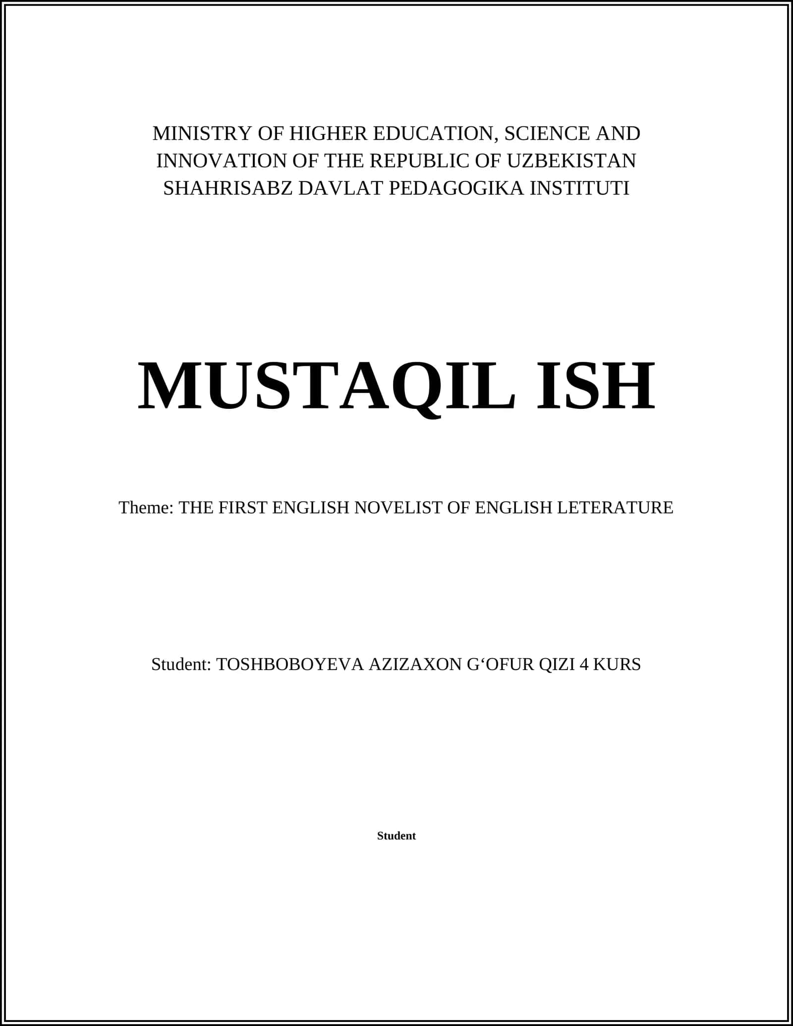THE FIRST ENGLISH NOVELIST OF ENGLISH LETERATURE 1