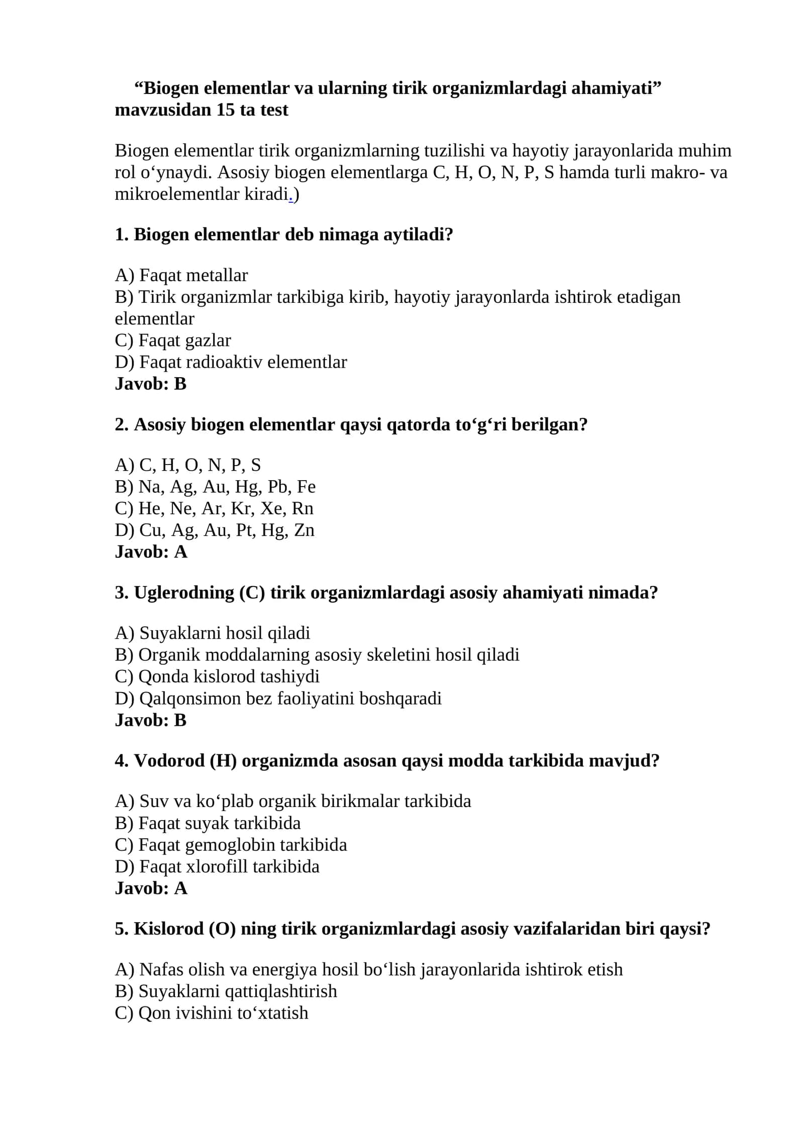 Biogen elementlar va ularning tirik organizmlardagi ahamiyati 1