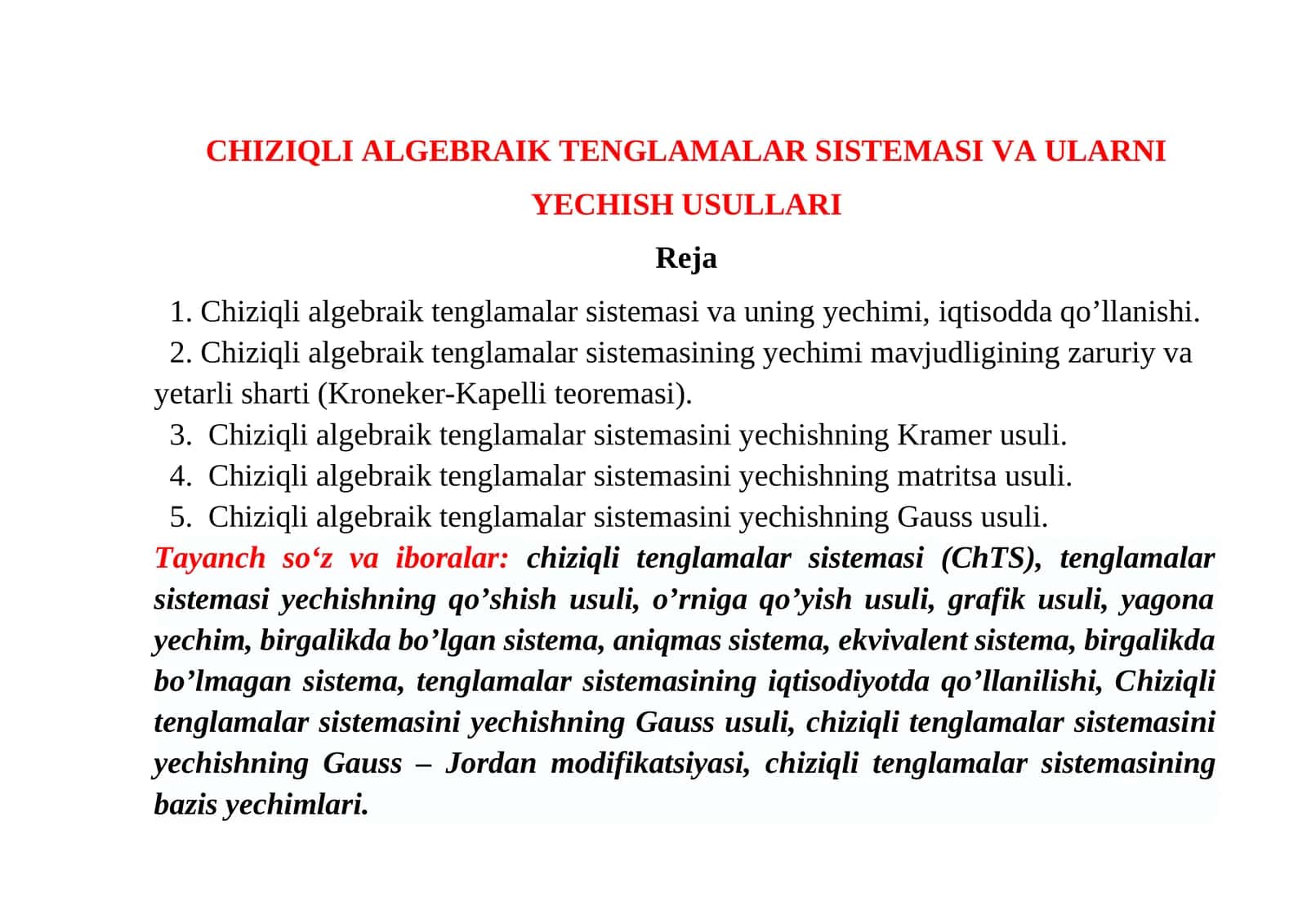 Chiziqli Algebraik Tenglamalar Sistemi 1