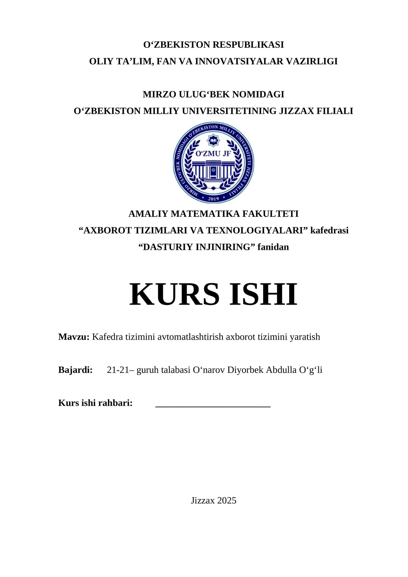 Kafedra tizimini avtomatlashtirish axborot tizimini yaratish 1