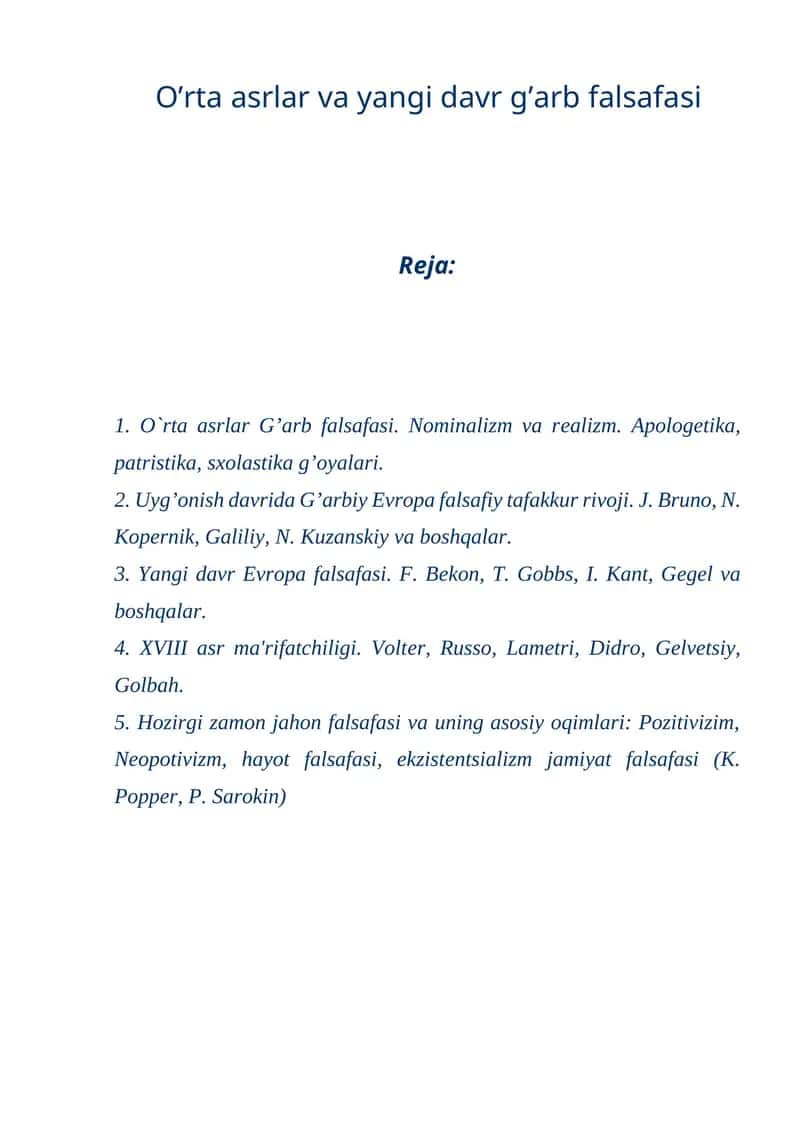 O’rta asrlar va yangi davr g’arb falsafasi 1