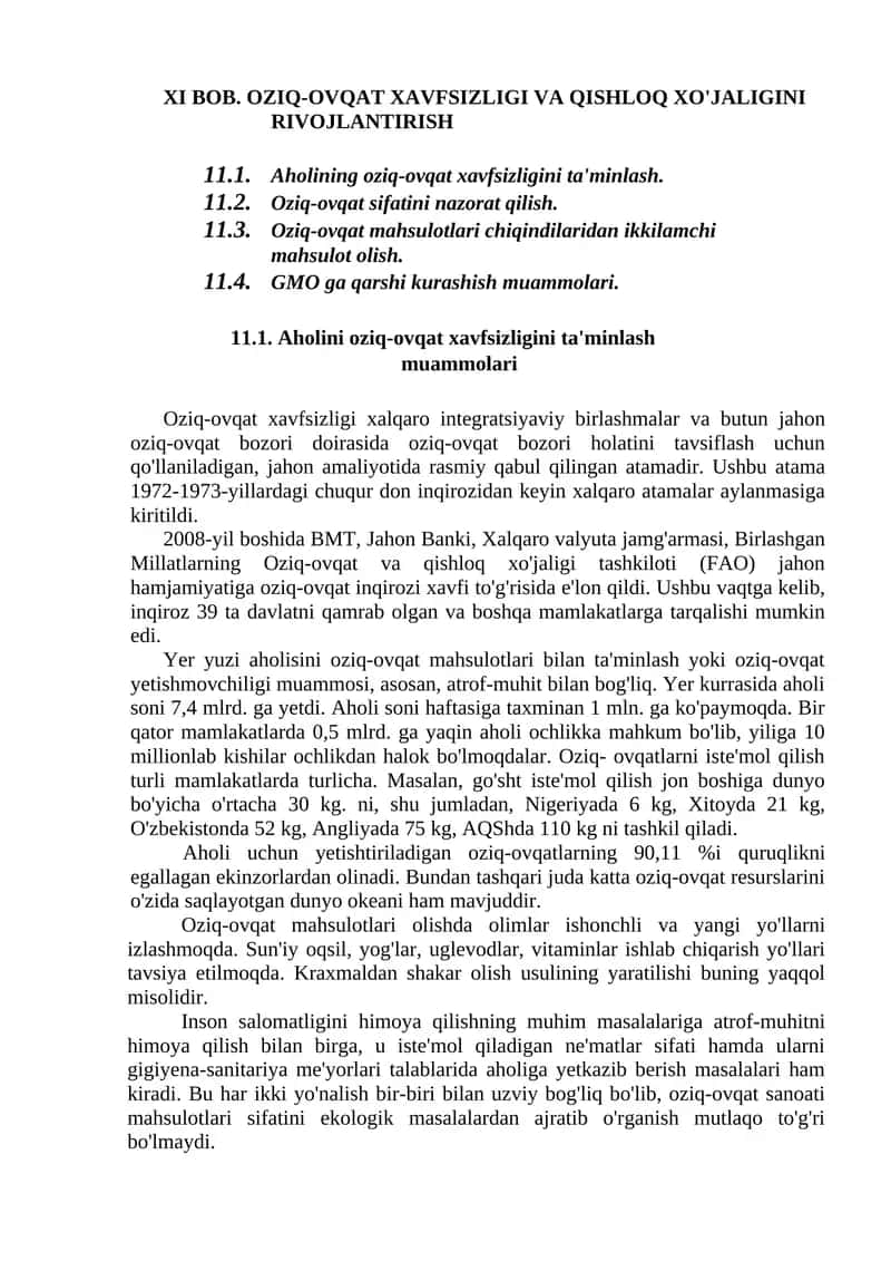 OZIQ-OVQAT XAVFSIZLIGI VA QISHLOQ XO'JALIGINI RIVOJLANTIRISH 1