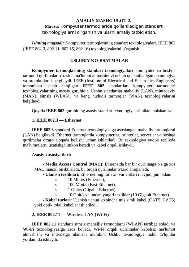 Kompyuter tarmoqlarida qoʻllaniladigan standart texnologiyalarni oʻrganish va ularni amaliy tatbiq etish 1