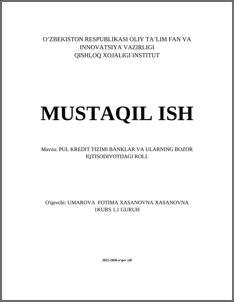 Pul-kredit tizimining tuzilishi va asosiy elementlari 1