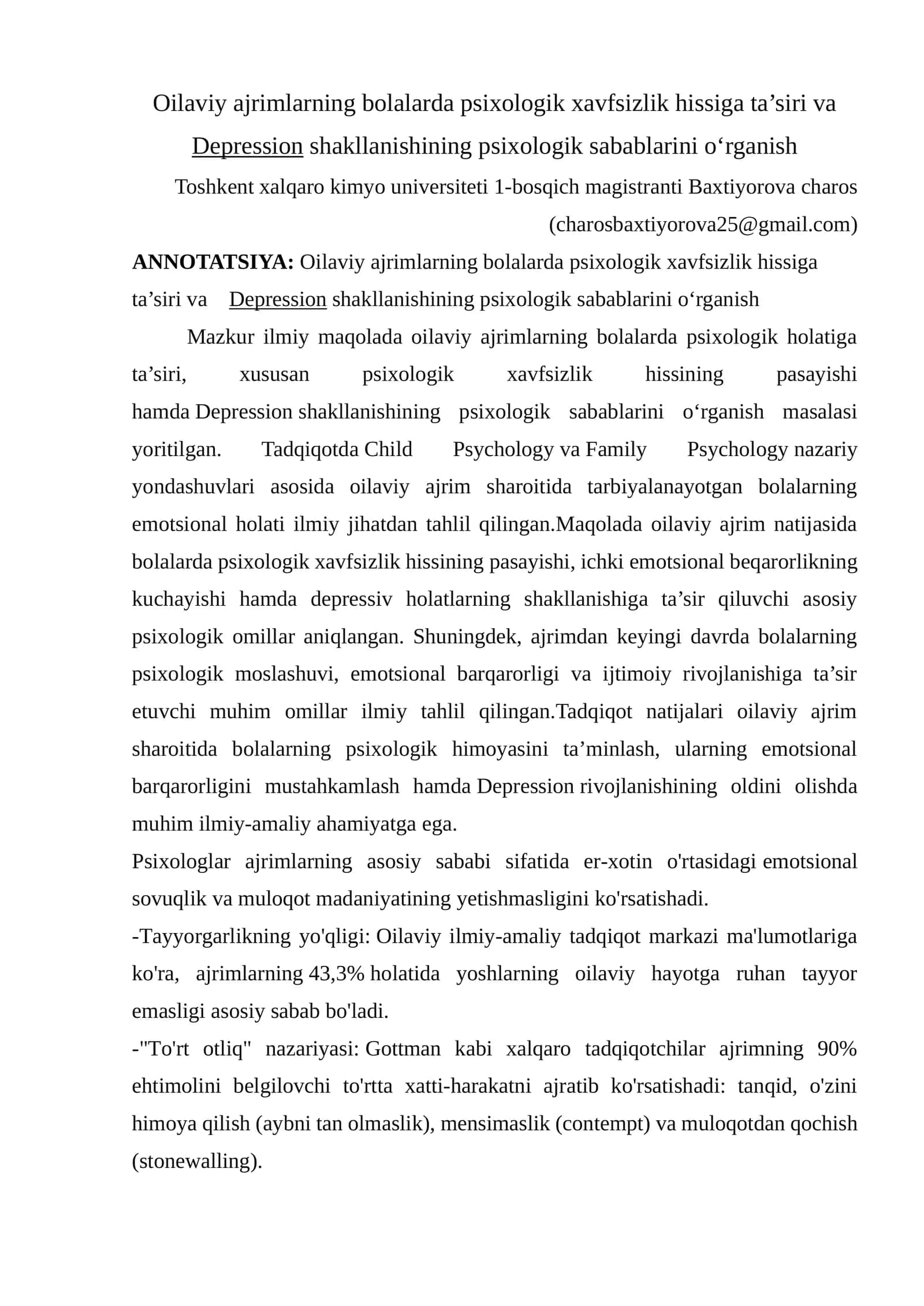 Oilaviy ajrimlarning bolalarda psixologik xavfsizlik hissiga ta’siri va Depressionshakllanishining psixologik sabablarini o‘rganish 1