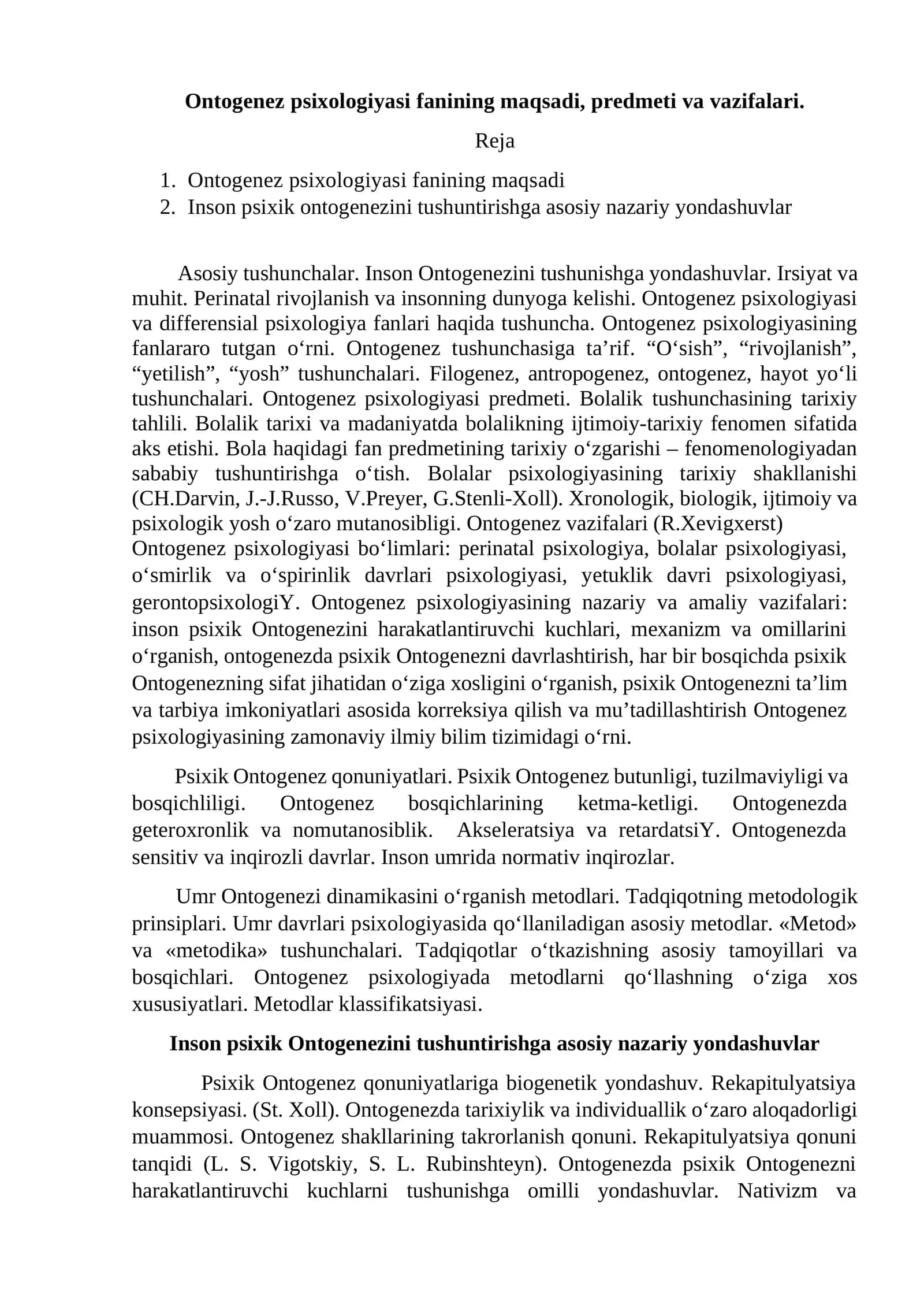 Ontogenez psixologiyasi fanining maqsadi, predmeti va vazifalari 1