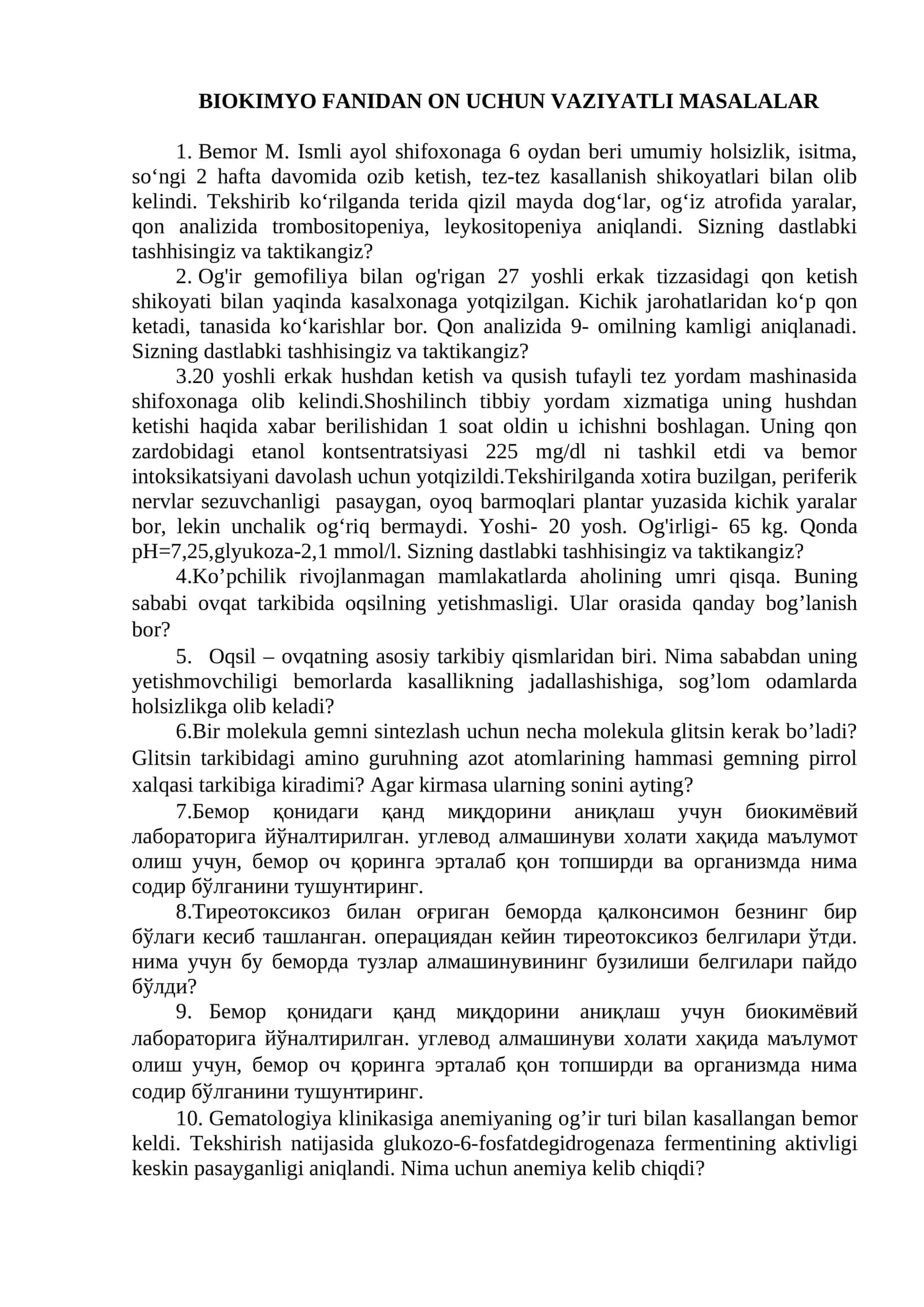 BIOKIMYO FANIDAN ON UCHUN VAZIYATLI MASALALAR 1
