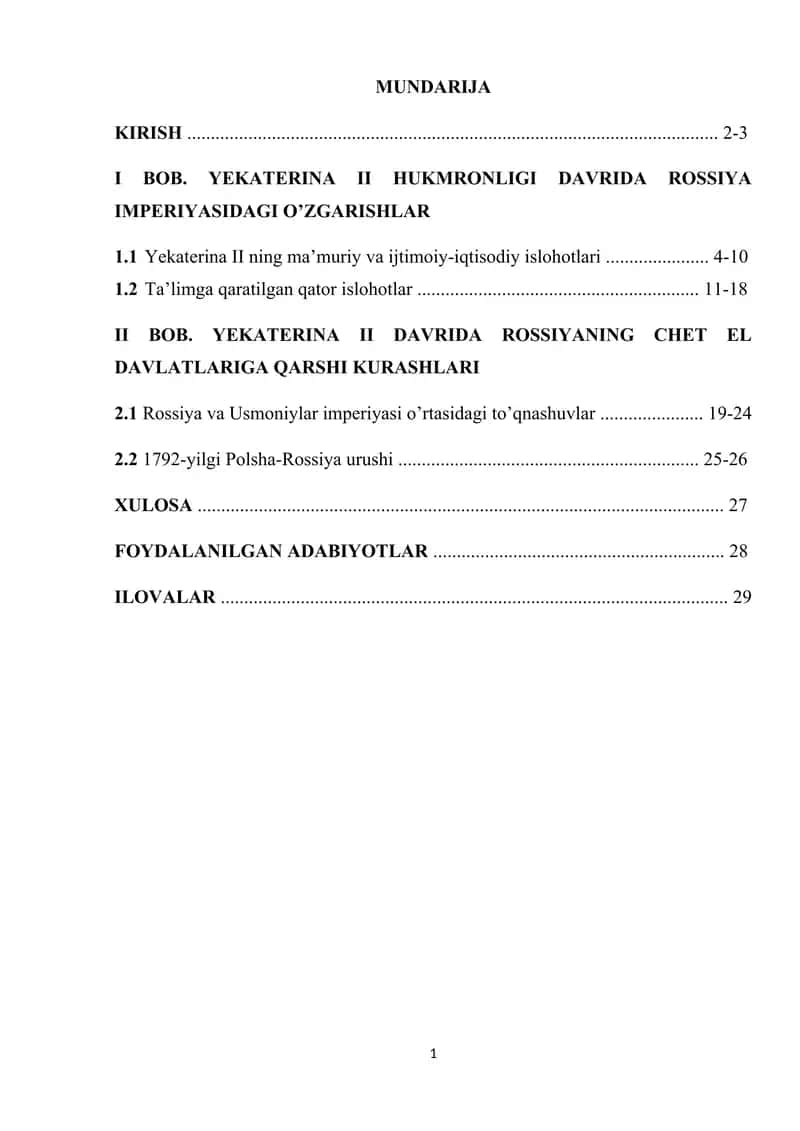 Tarixda Yekaterina II hukmronligi davridagi o'zgarishlar 1