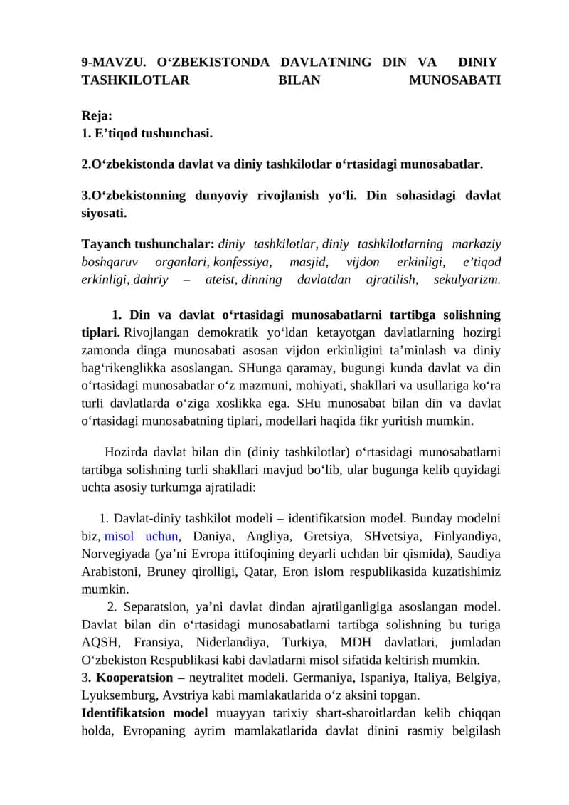 O‘zbekistonda Davlatning Din va Diniy Tashkilotlar Bilan Munosabati 1