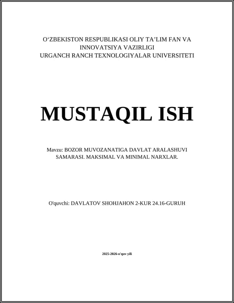 BOZOR MUVOZANATIGA DAVLAT ARALASHUVI SAMARASI. MAKSIMAL VA MINIMAL NARXLAR 1
