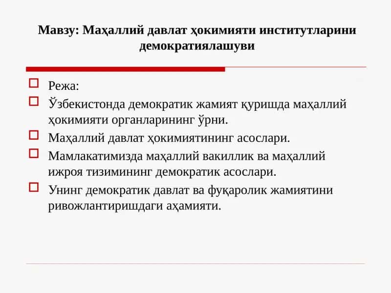 Маҳаллий давлат ҳокимияти институтларини демократиялашуви 1