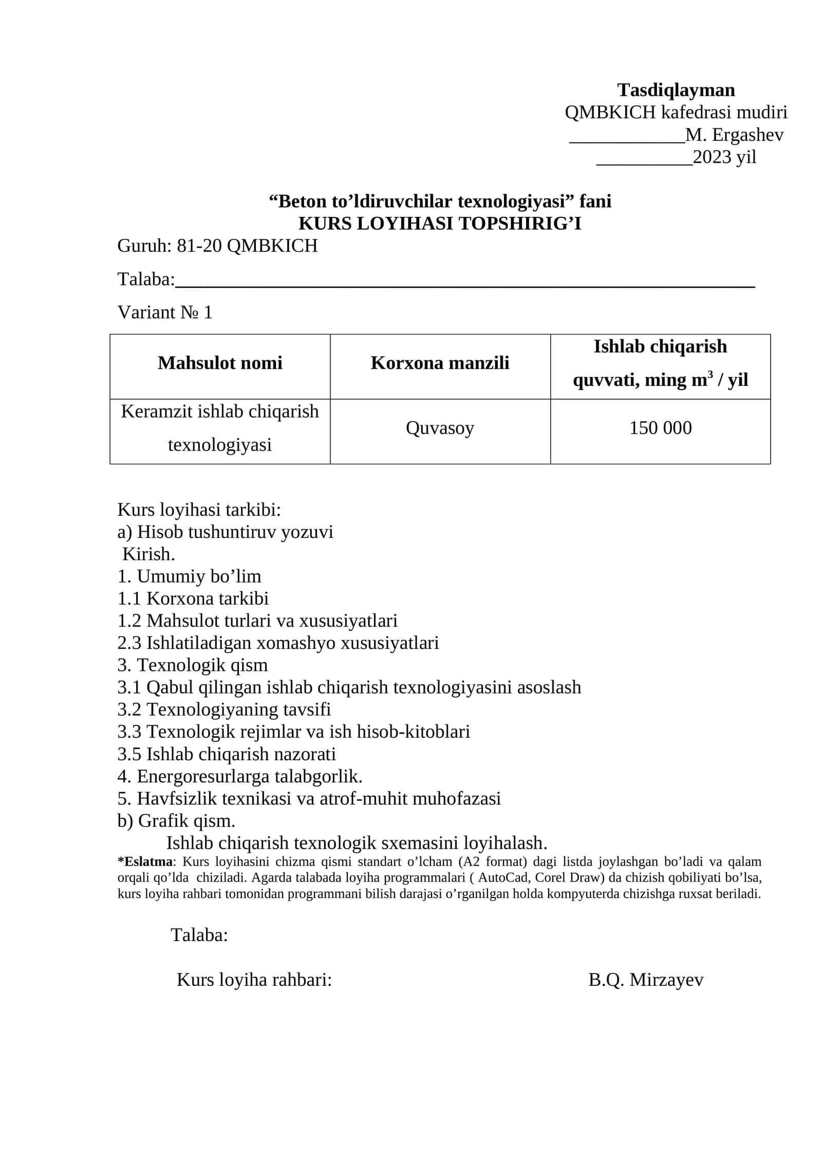 Beton to’ldiruvchilar texnologiyasi fani. KURS LOYIHASI TOPSHIRIG’I 1