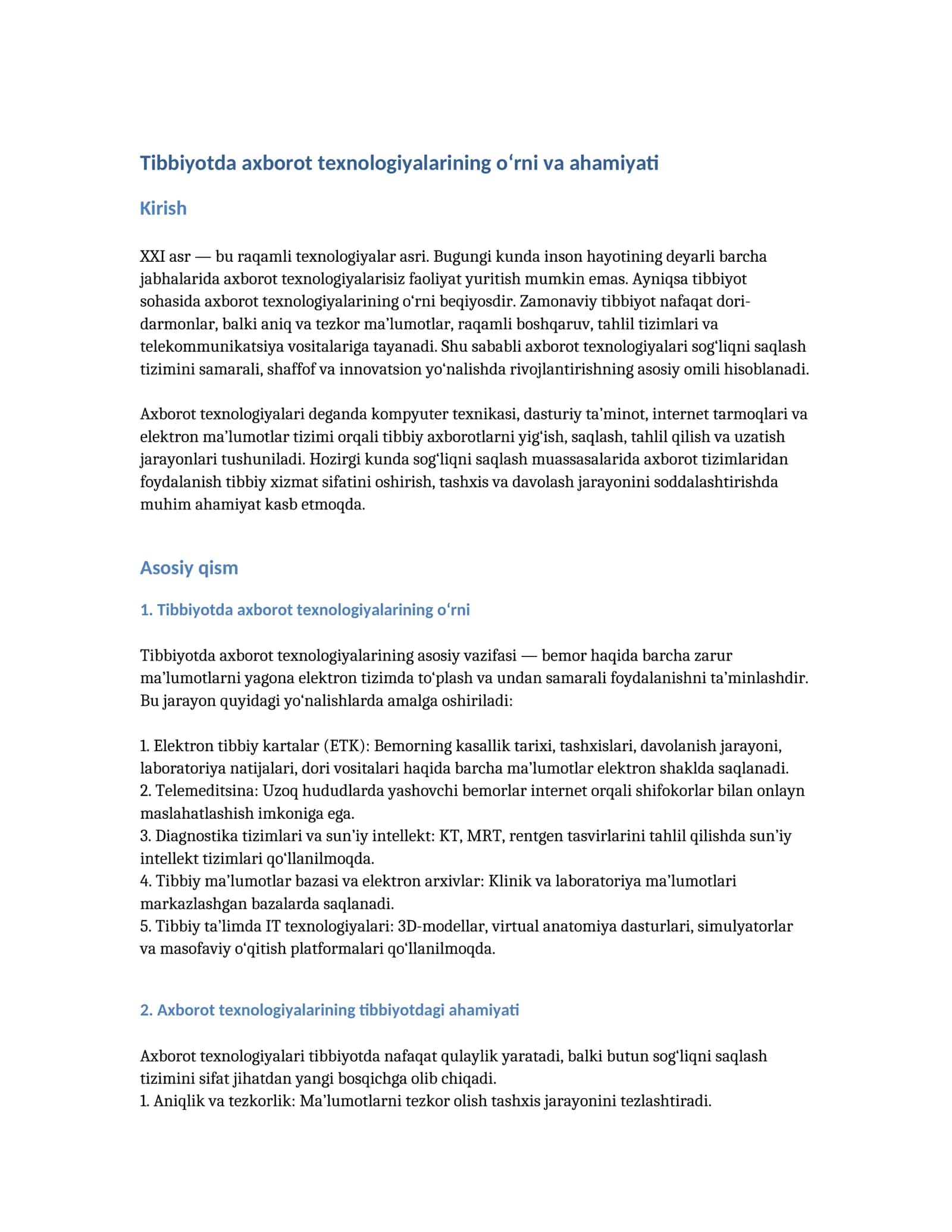 Tibbiyotda axborot texnologiyalarining o‘rni va ahamiyati 1