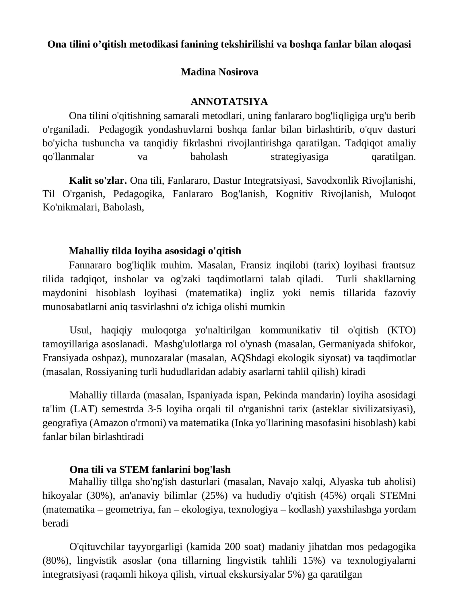Ona tilini o’qitish metodikasi fanining tekshirilishi va boshqa fanlar bilan aloqasi 1