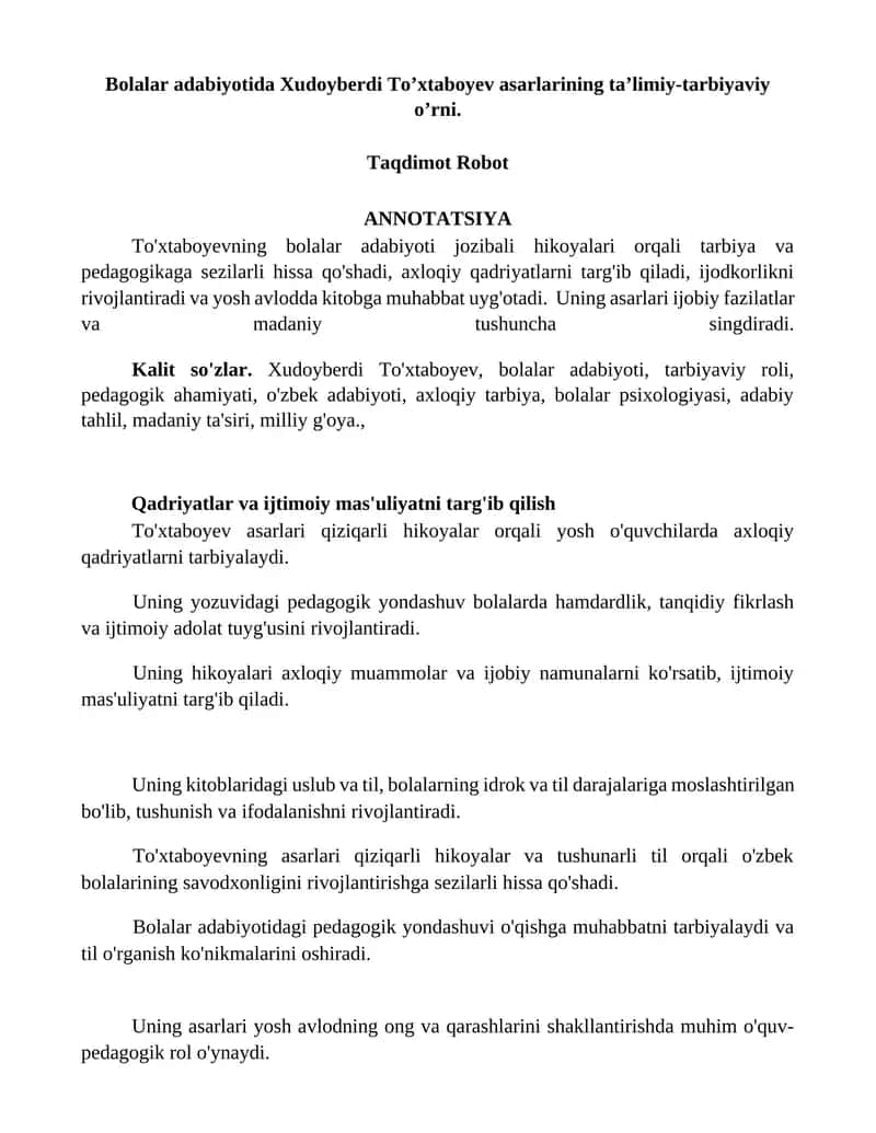 Xudoyberdi To’xtaboyev asarlarining taʼlimiy-tarbiyaviy o’rni 1