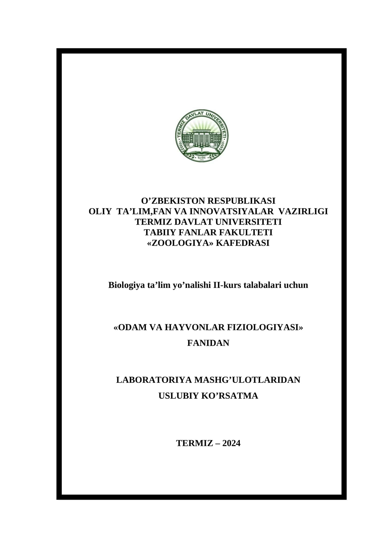 Odam va hayvonlar fiziologiyasi fanidan laboratoriya mashg'ulotlari 1