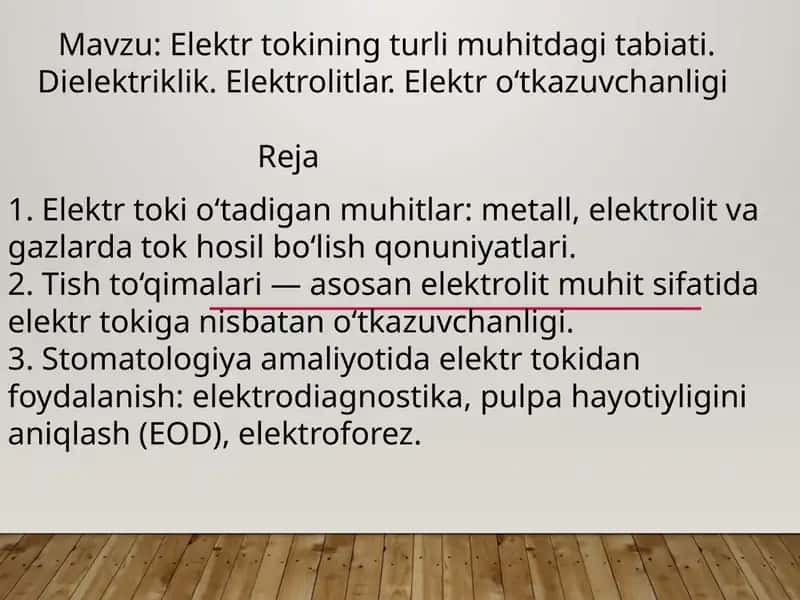 Elektr tokining turli muhitdagi tabiati. Dielektriklik. Elektrolitlar. Elektr oʻtkazuvchanligi 1