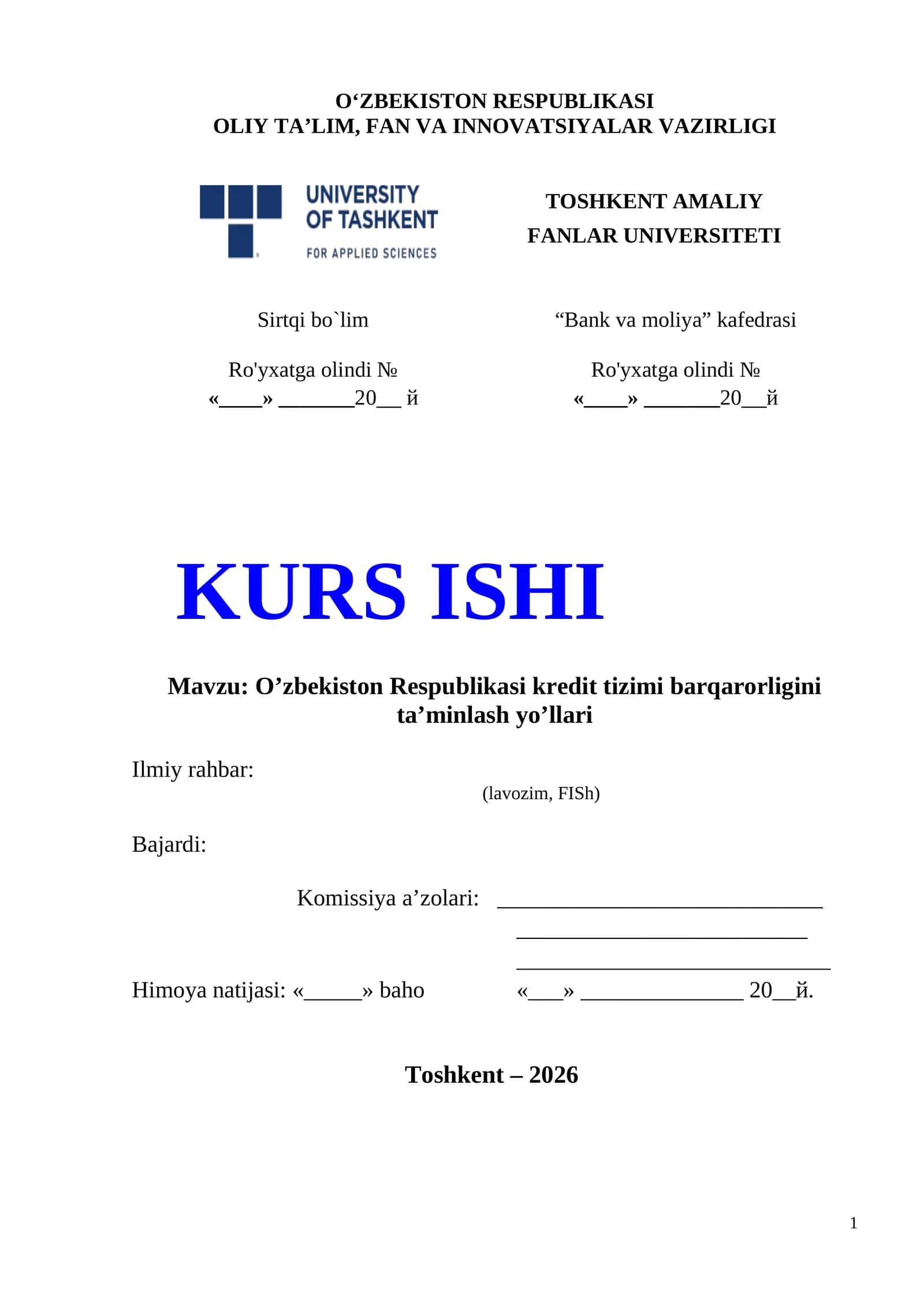 O’zbekiston Respublikasi kredit tizimi barqarorligini ta’minlash yo’llari 1