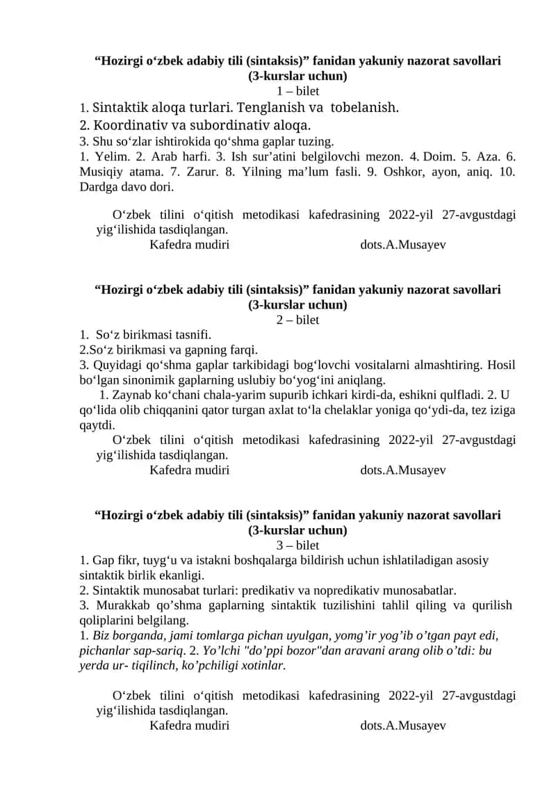 Hozirgi o‘zbek adabiy tili (sintaksis) fanidan yakuniy nazorat savollari (3-kurslar uchun) 1