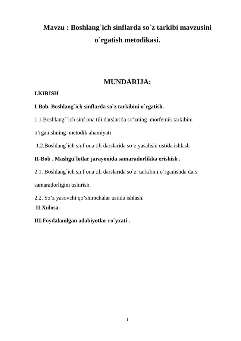 Boshlang`ich sinflarda so`z tarkibi mavzusini o`rgatish metodikasi. 1