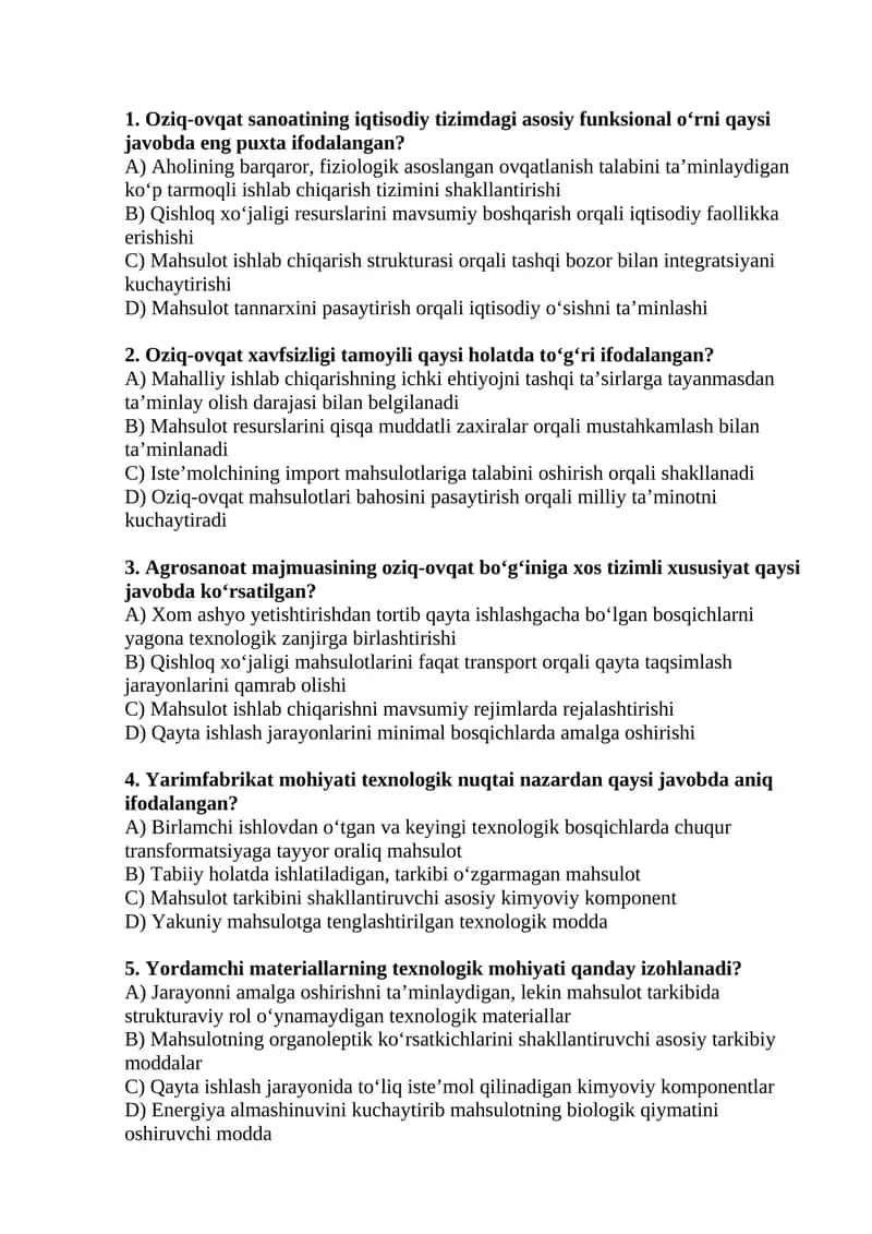 Oziq-ovqat sanoati - Iqtisodiyot fanidan test savollari 1