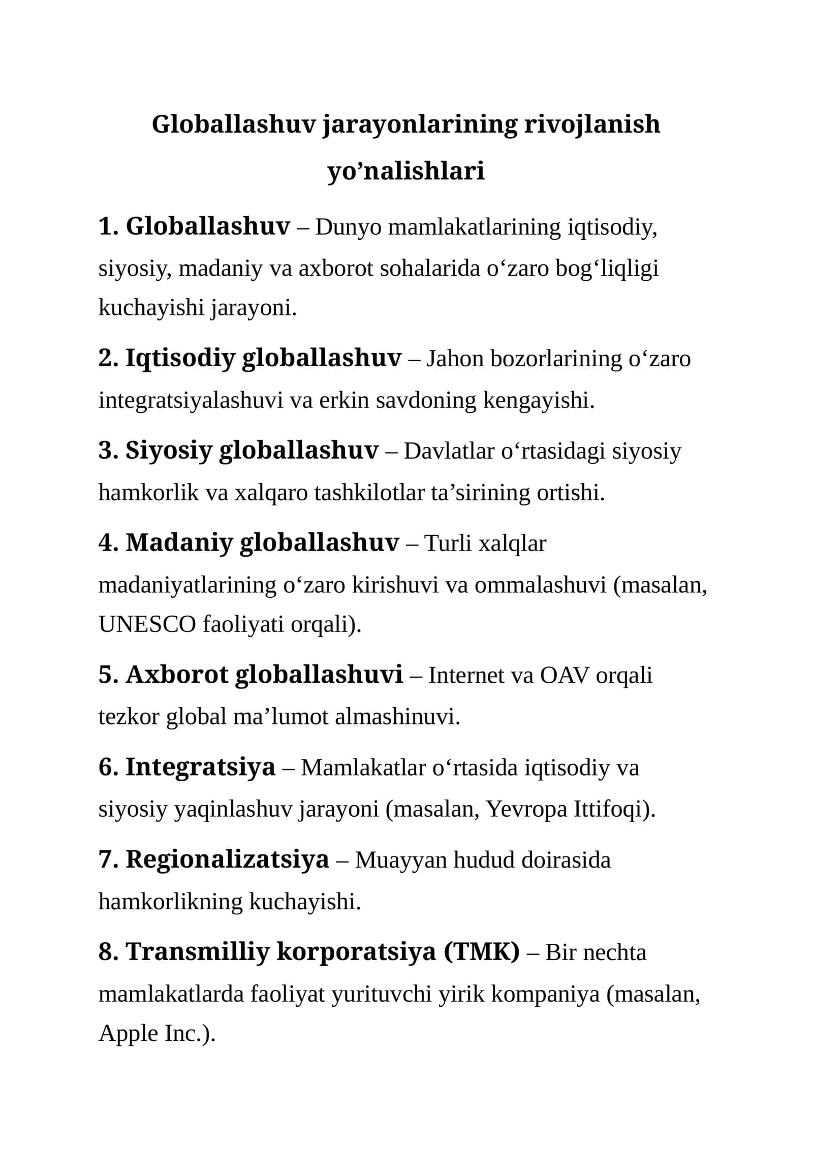 Globallashuv jarayonlarining rivojlanish yo’nalishlari 1