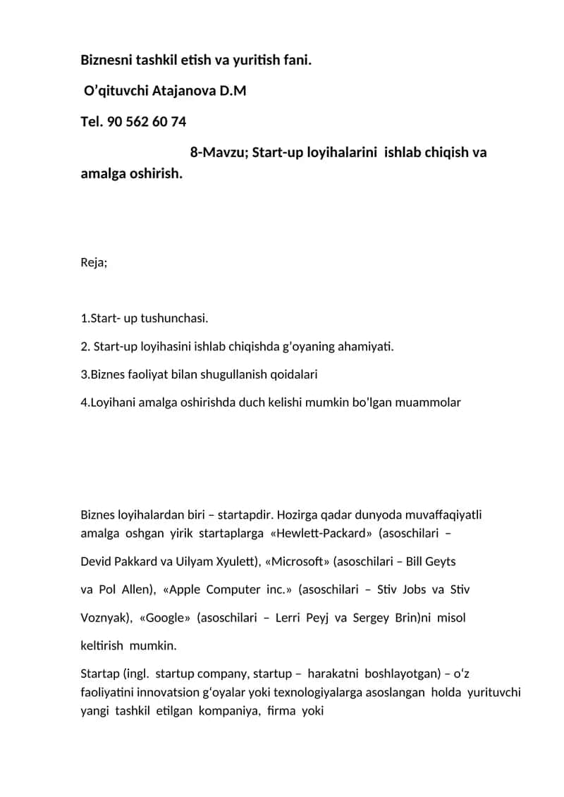 Start-up loyihalarini ishlab chiqish va amalga oshirish. 1