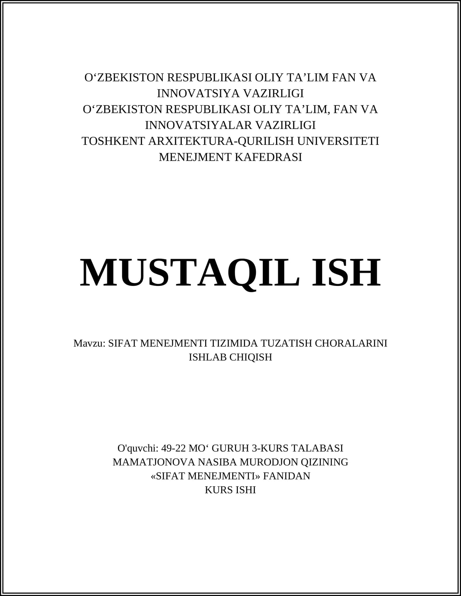 SIFAT MENEJMENTI TIZIMIDA TUZATISH CHORALARINI ISHLAB CHIQISH 1