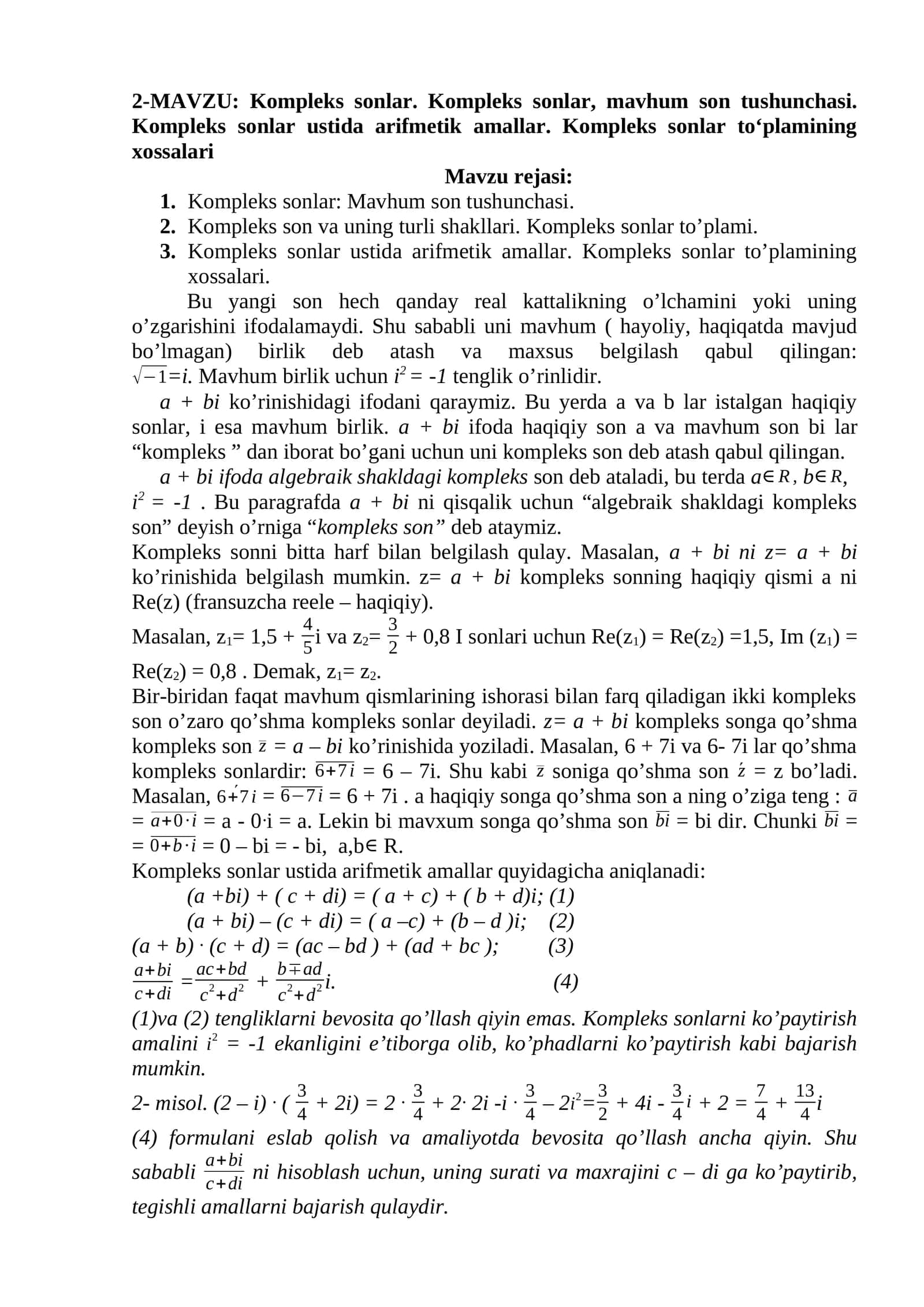 Kompleks sonlar. Kompleks sonlar, mavhum son tushunchasi. Kompleks sonlar ustida arifmetik amallar. Kompleks sonlar to‘plamining xossalari 1