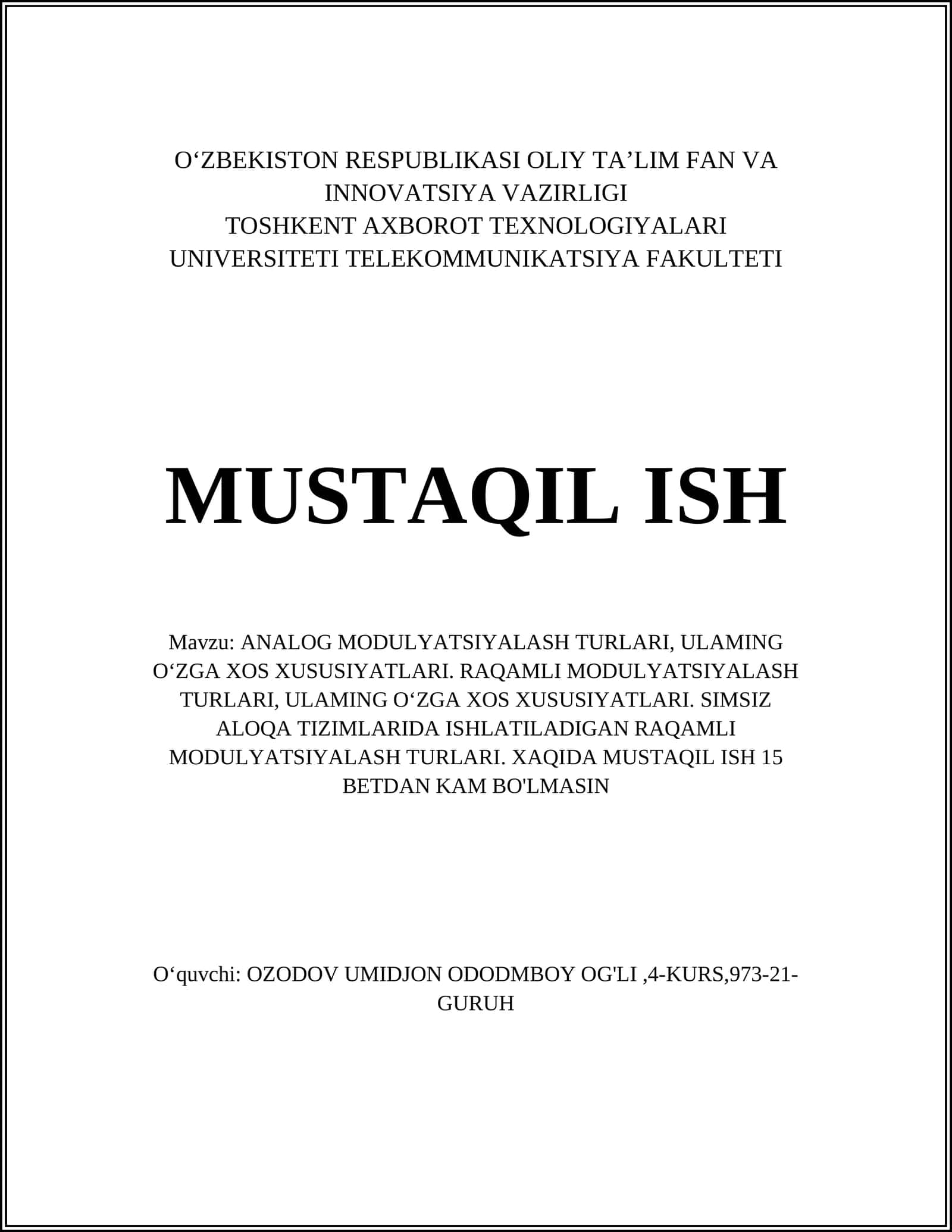 ANALOG MODULYATSIYALASH TURLARI, ULAMING O‘ZGA XOS XUSUSIYATLARI 1
