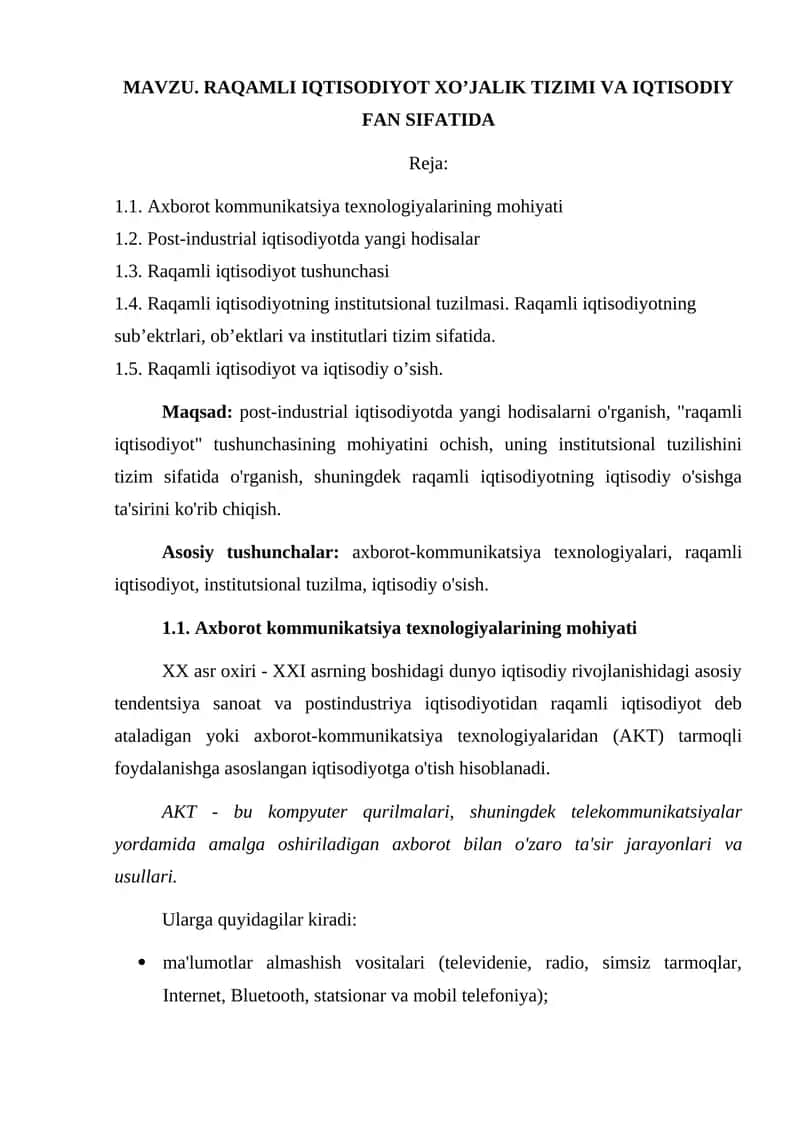 RAQAMLI IQTISODIYOT XO’JALIK TIZIMI VA IQTISODIY FAN SIFATIDA 1