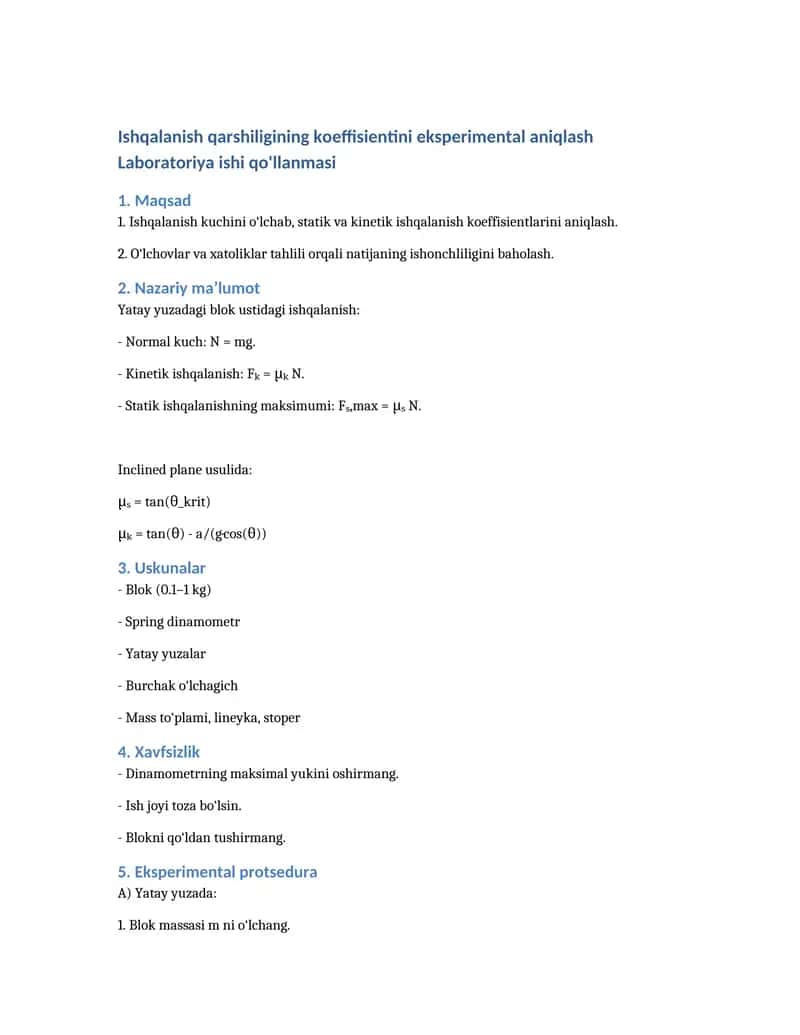 Ishqalanish qarshiligining koeffisientini eksperimental aniqlash 1