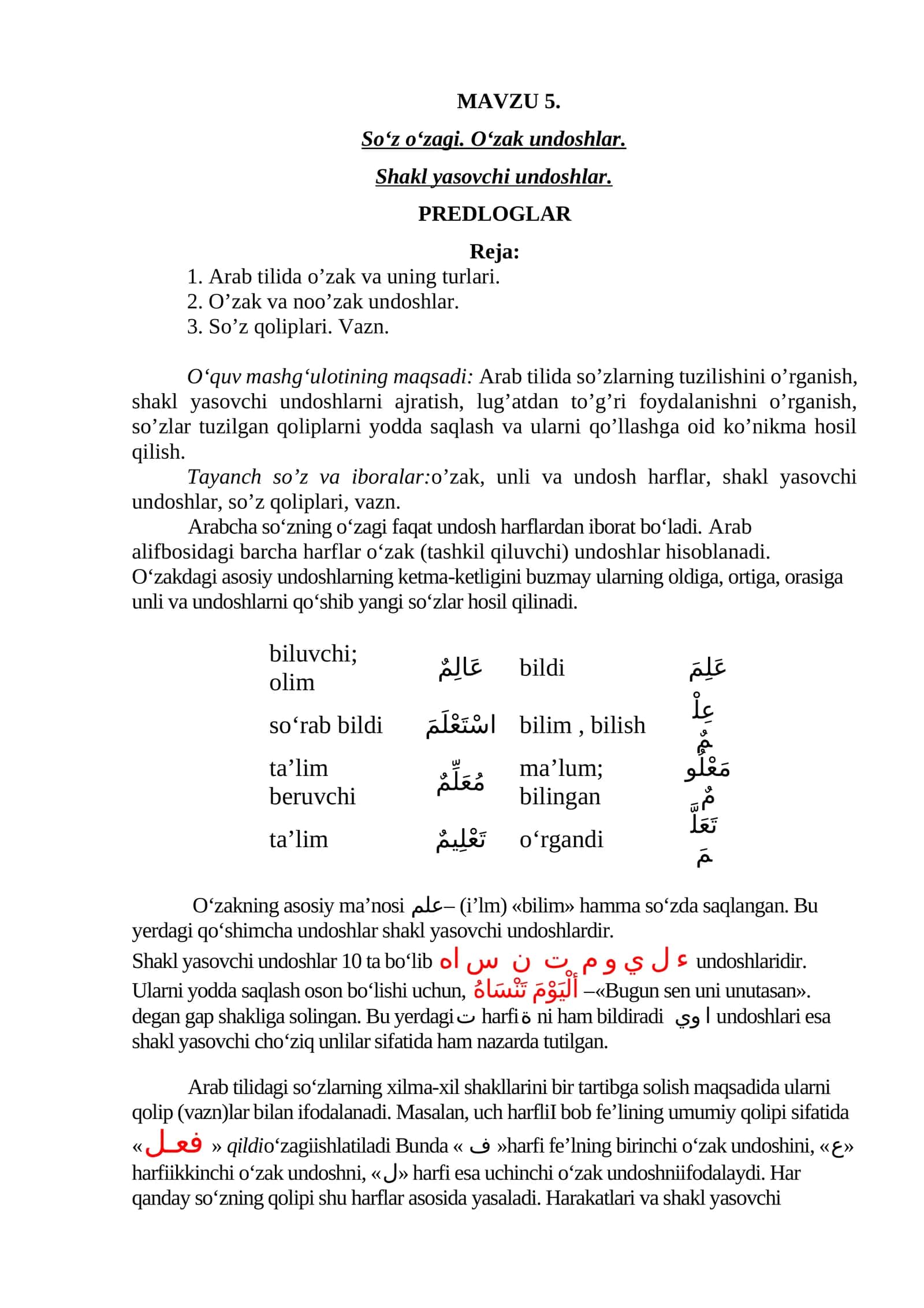 So‘z o‘zagi. O‘zak undoshlar. Shakl yasovchi undoshlar. PREDLOGLAR 1