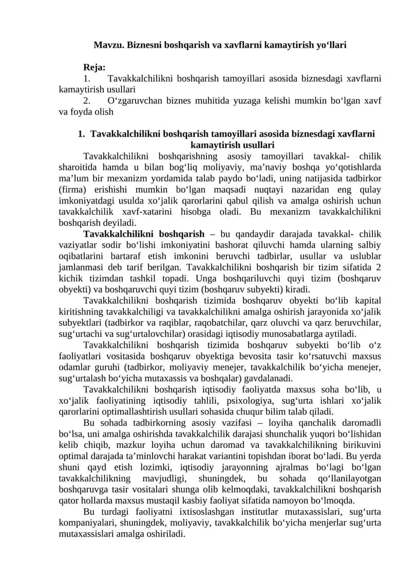 Tavakkalchilikni boshqarish va xavflarni kamaytirish yo‘llari 1