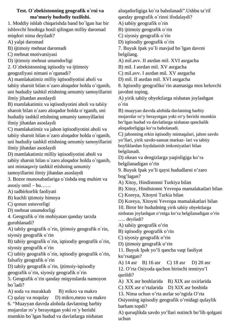 O`zbekistonning geografik o`rni va ma’muriy hududiy tuzilishi 1