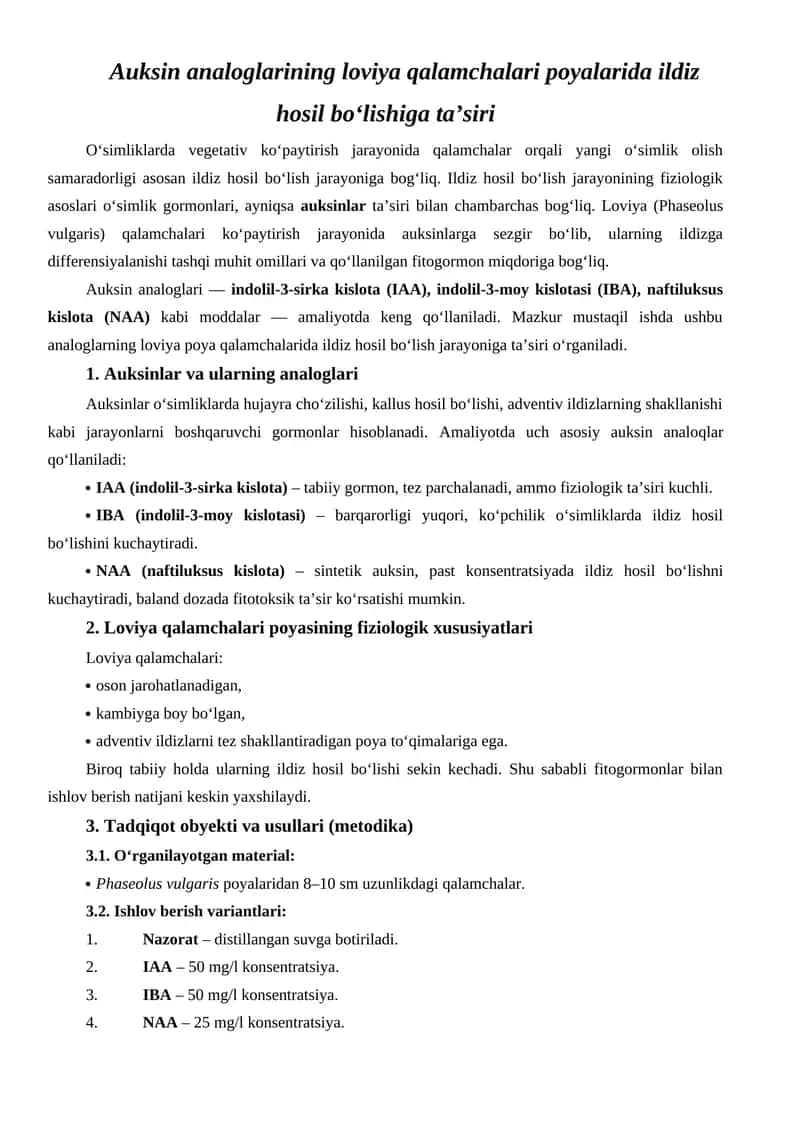Auksin analoglarining loviya qalamchalari poyalarida ildiz hosil bo‘lishiga ta’siri 1