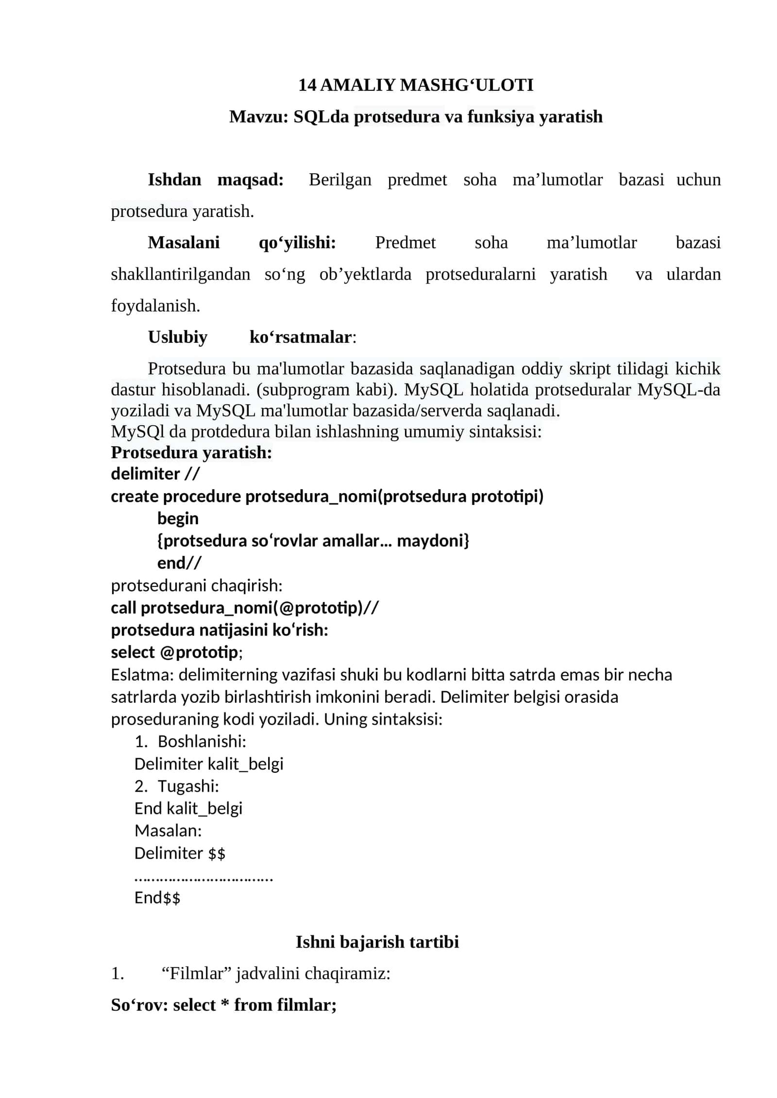 SQLda protsedura va funksiya yaratish 1