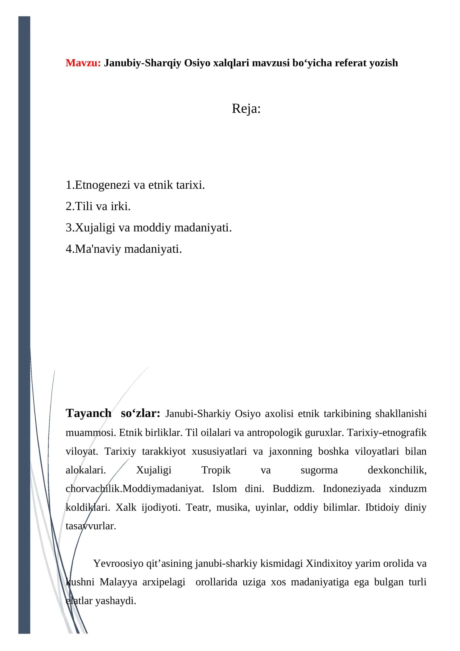 Janubiy-Sharqiy Osiyo xalqlari mavzusi bo‘yicha referat yozish 1